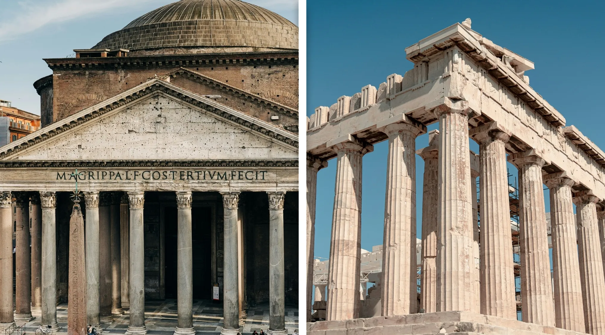 Split image showing the Pantheon built by Romans and the Parthenon built by Greeks in classical architecture styles.