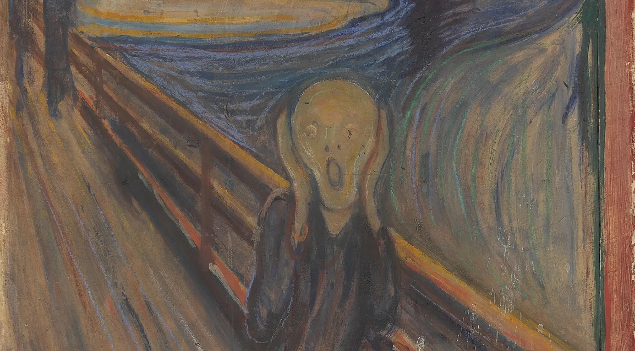 The Scream painting showing a figure with hands on face on a bridge with swirled sky background in expressionist style.