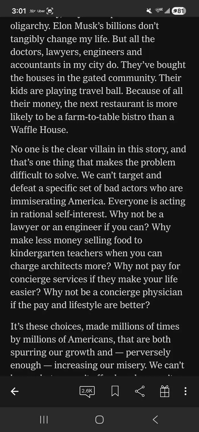 Text on a phone screen discussing how consumerism and wealth disparity impact society and price difference.