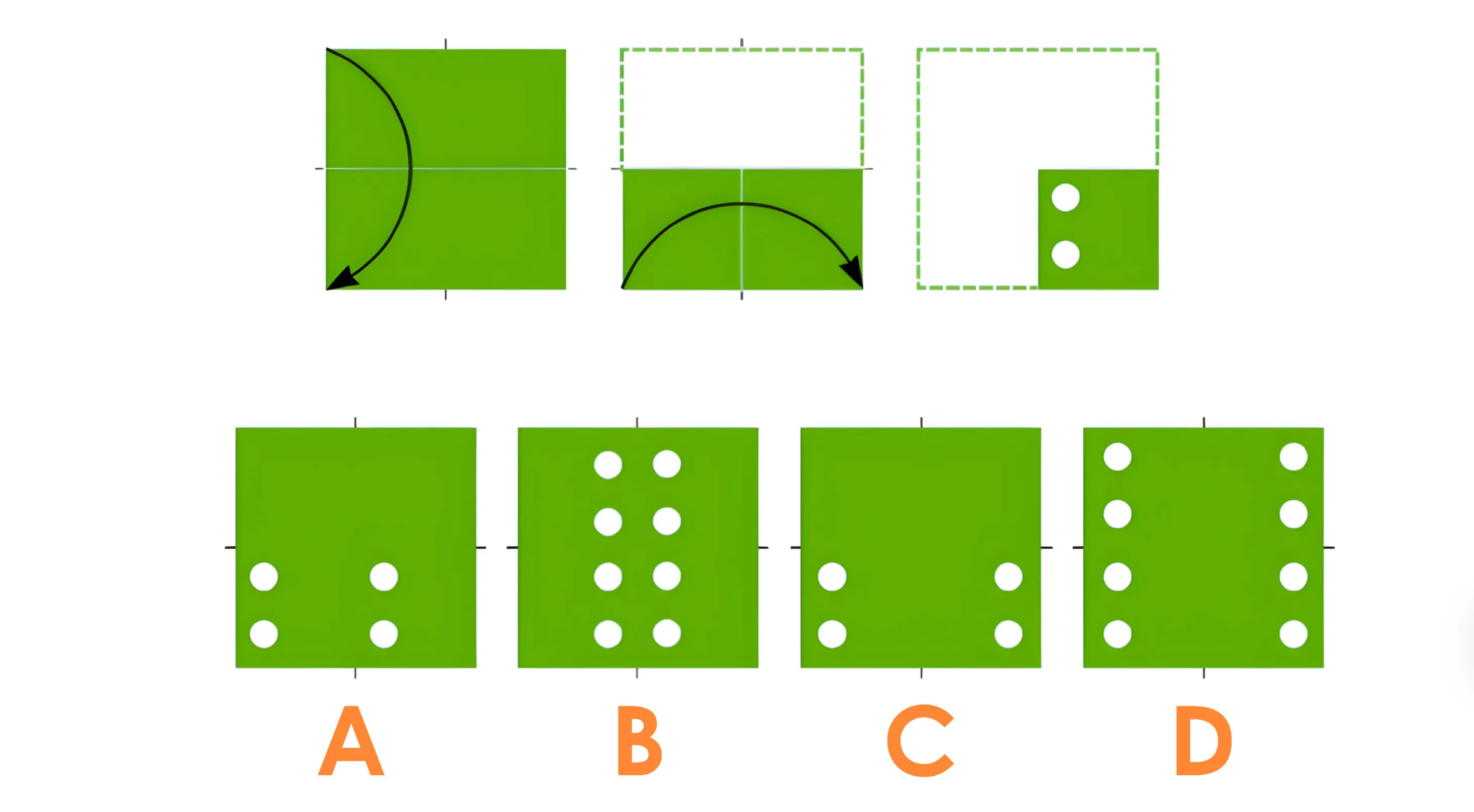 Green pattern recognition cognitive test showing folded squares with dots and options to find the missing value.