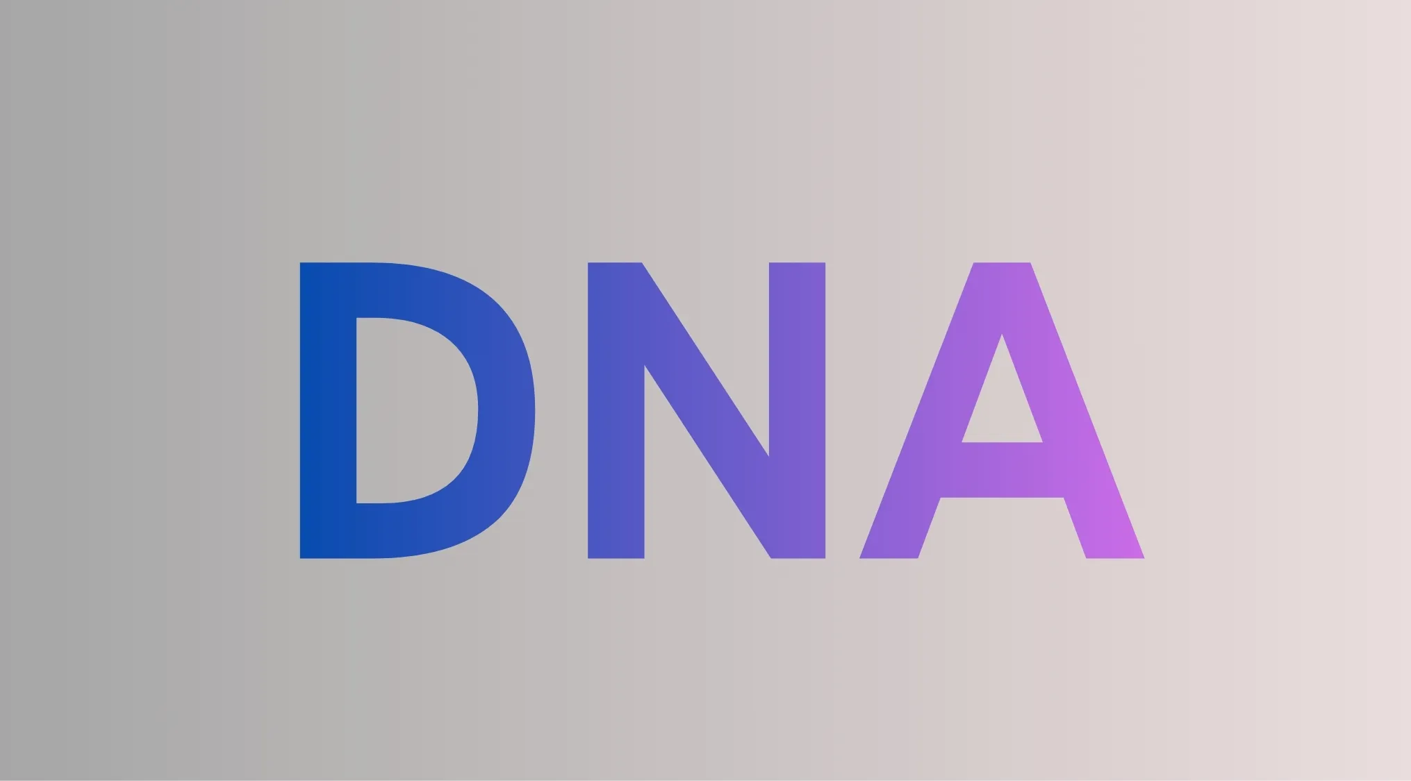 DNA text in blue and purple gradient on a soft gray and pink background representing genetic information.