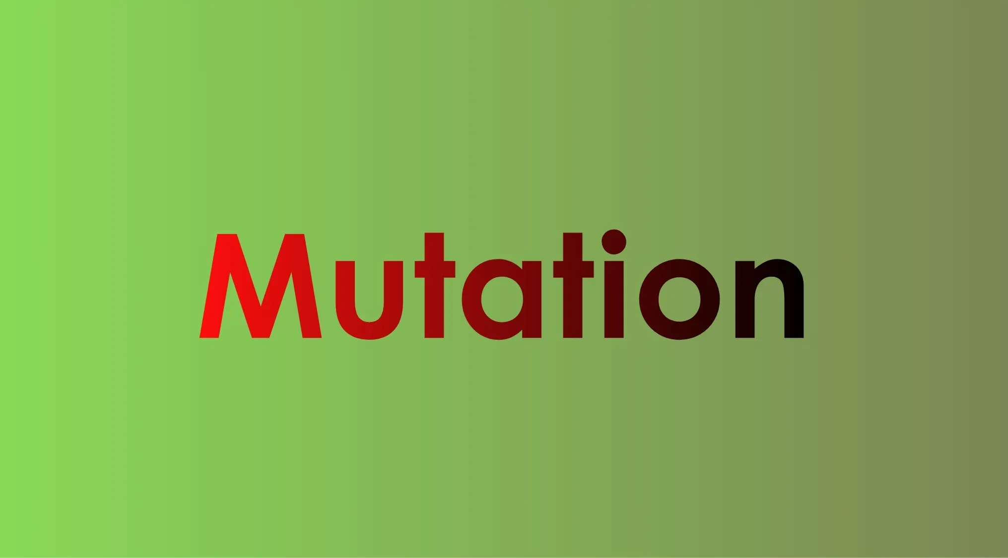 Mutation text in red fading to black on a green gradient background representing biology vocabulary challenge.