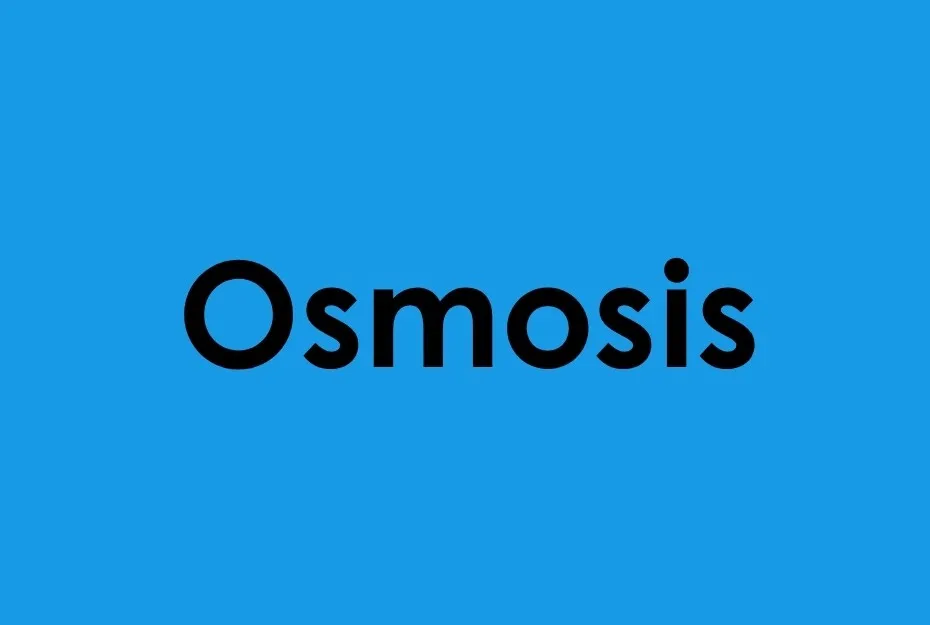Osmosis text displayed in bold black font on a solid blue background representing water movement through a membrane.