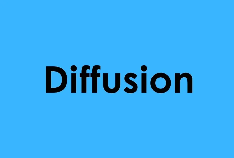 Diffusion text on a blue background representing the movement of water through a semipermeable membrane concept.