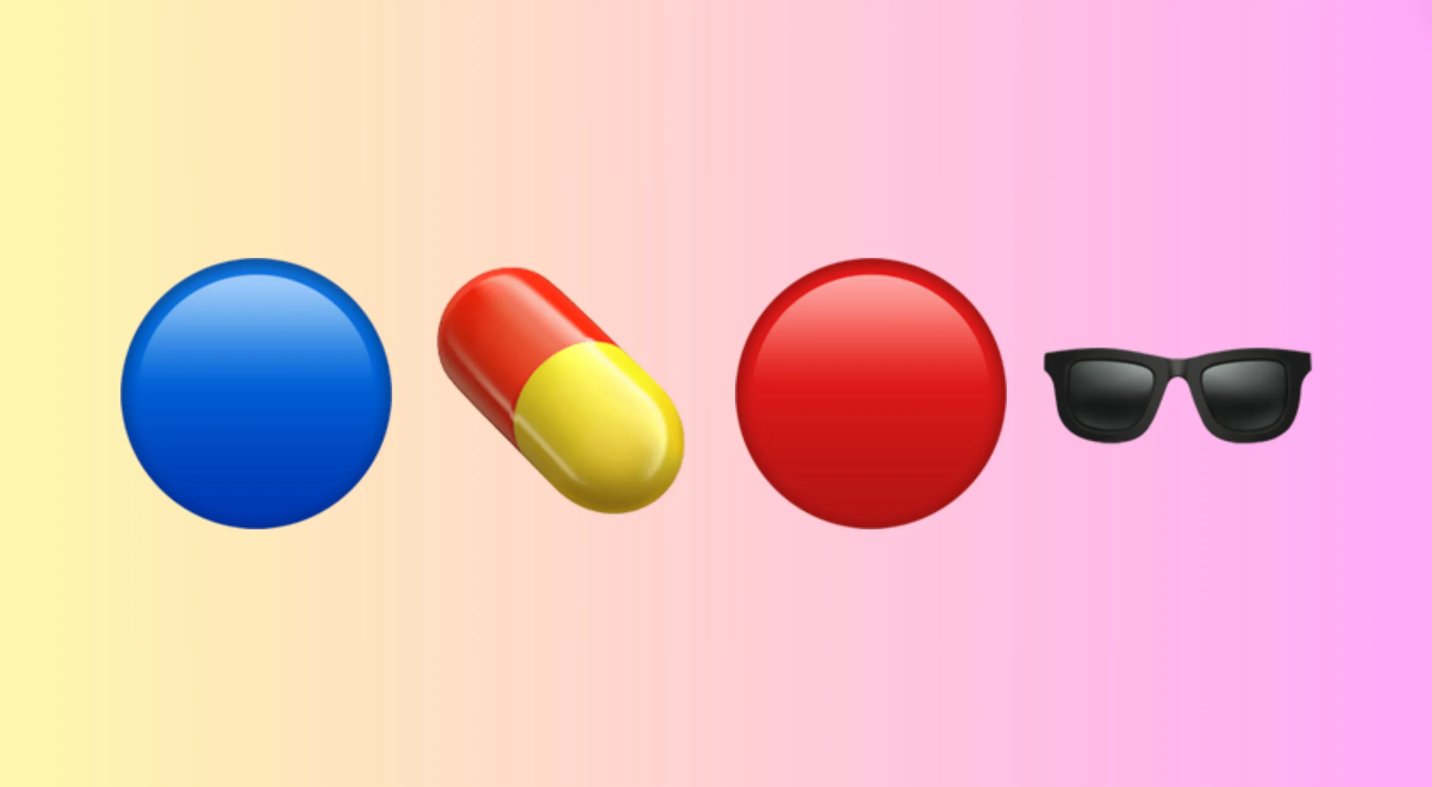 Blue circle, red-yellow capsule, red circle, and black sunglasses emoji representing a famous movie puzzle.