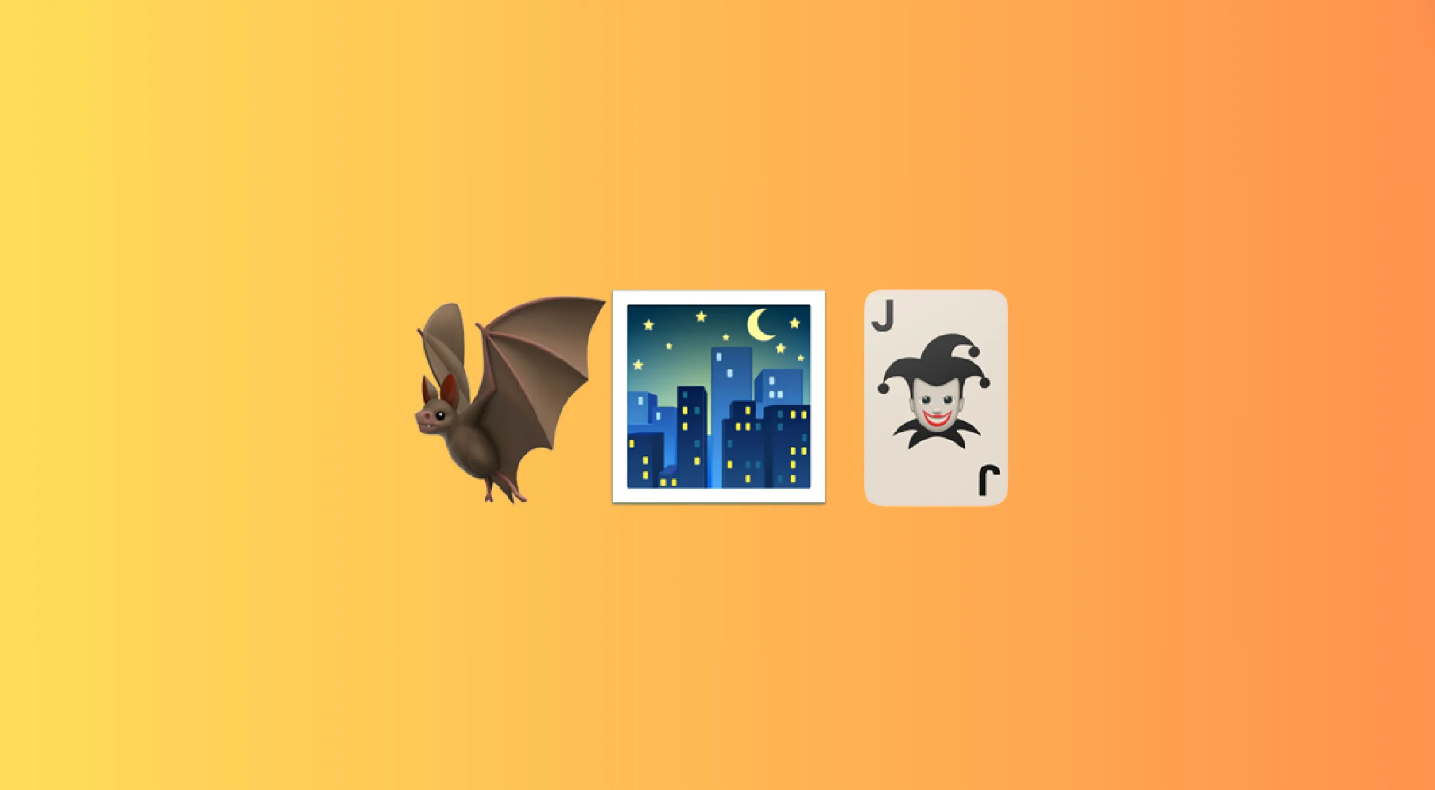 Bat emoji, night cityscape emoji, and joker card emoji on orange gradient background representing famous movie puzzle.