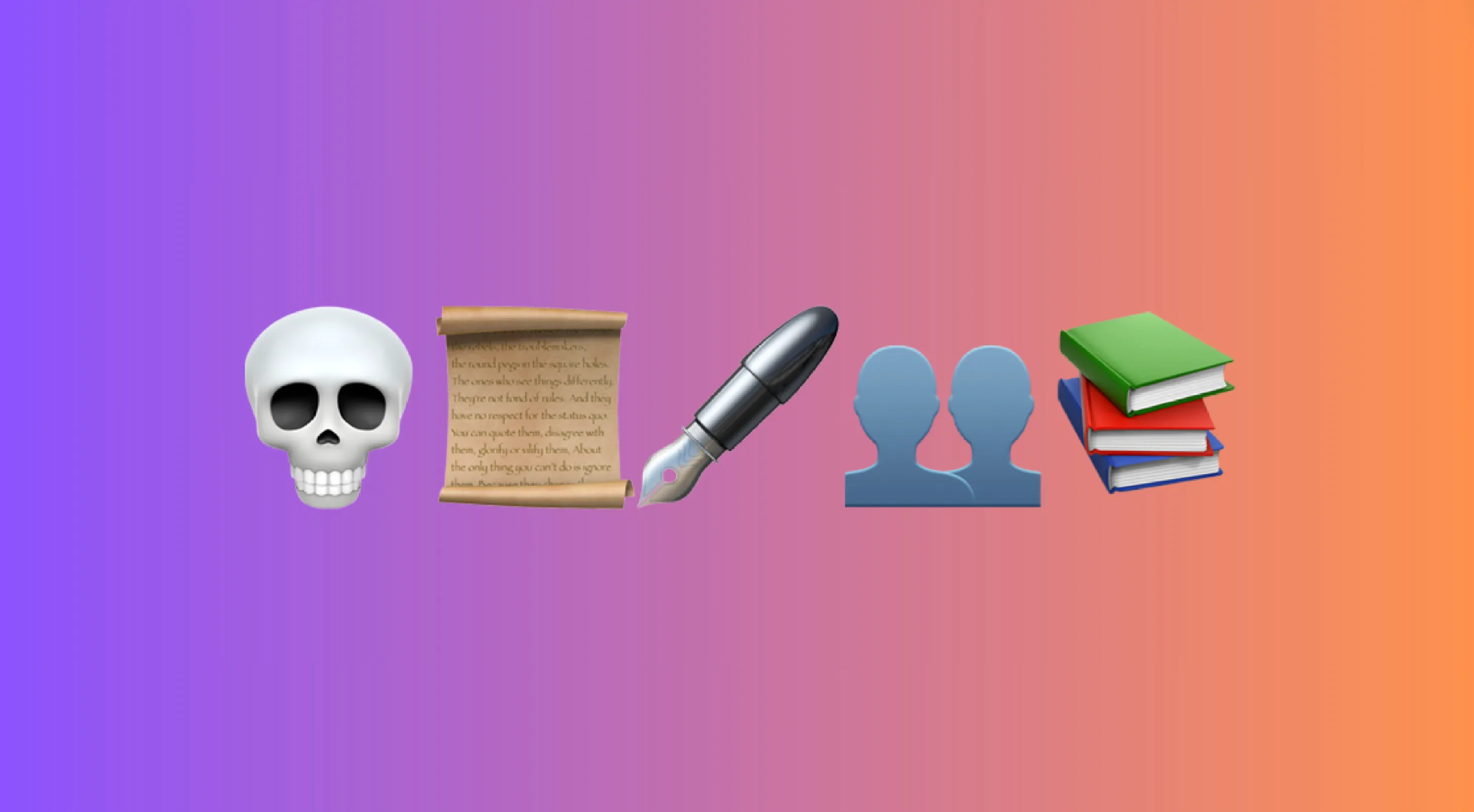 Emoji combo featuring skull, scroll, fountain pen, two people, and books for guess the famous movie puzzle.