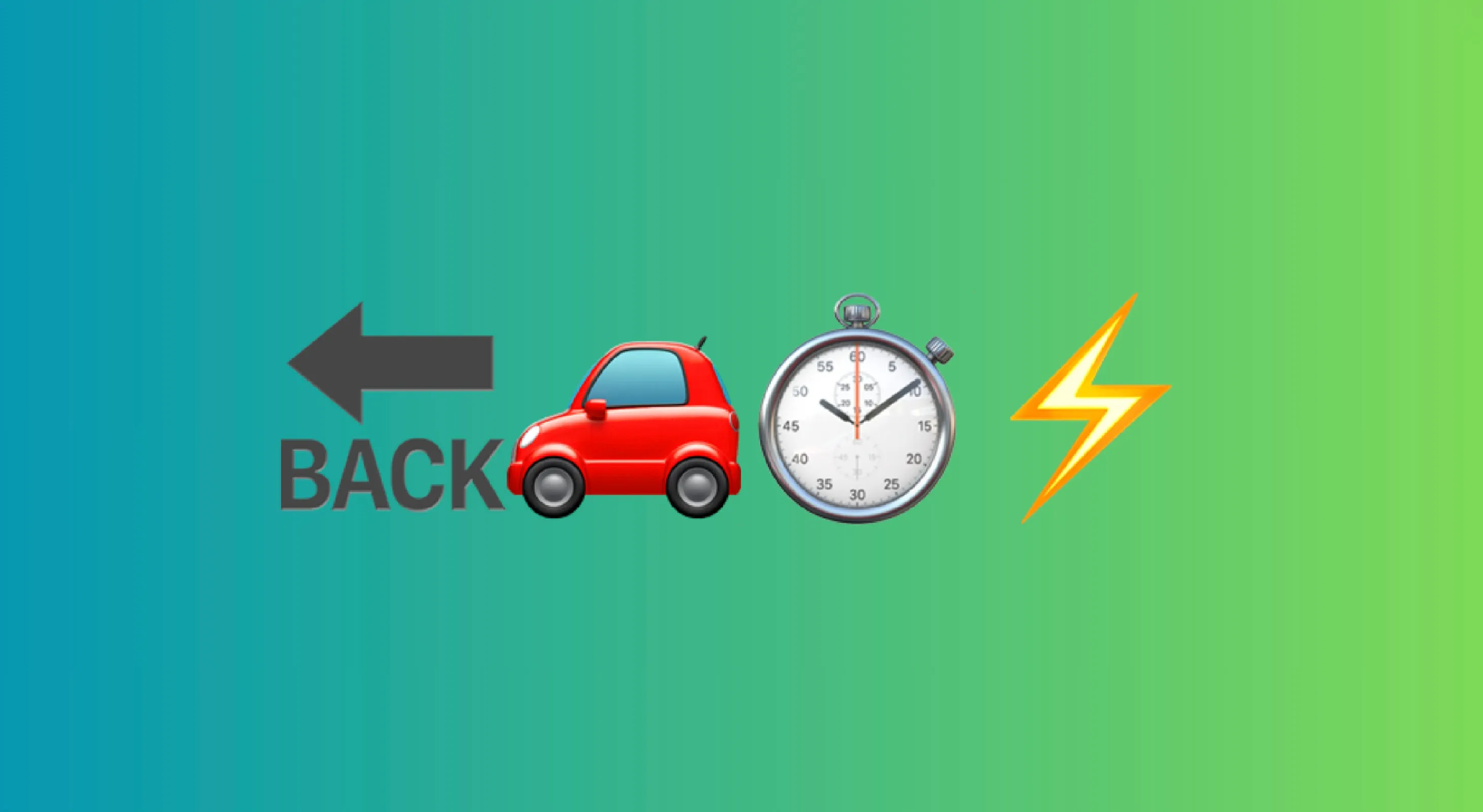 Back arrow, red car, stopwatch, and lightning emojis on blue to green gradient background for movie emoji combo quiz.