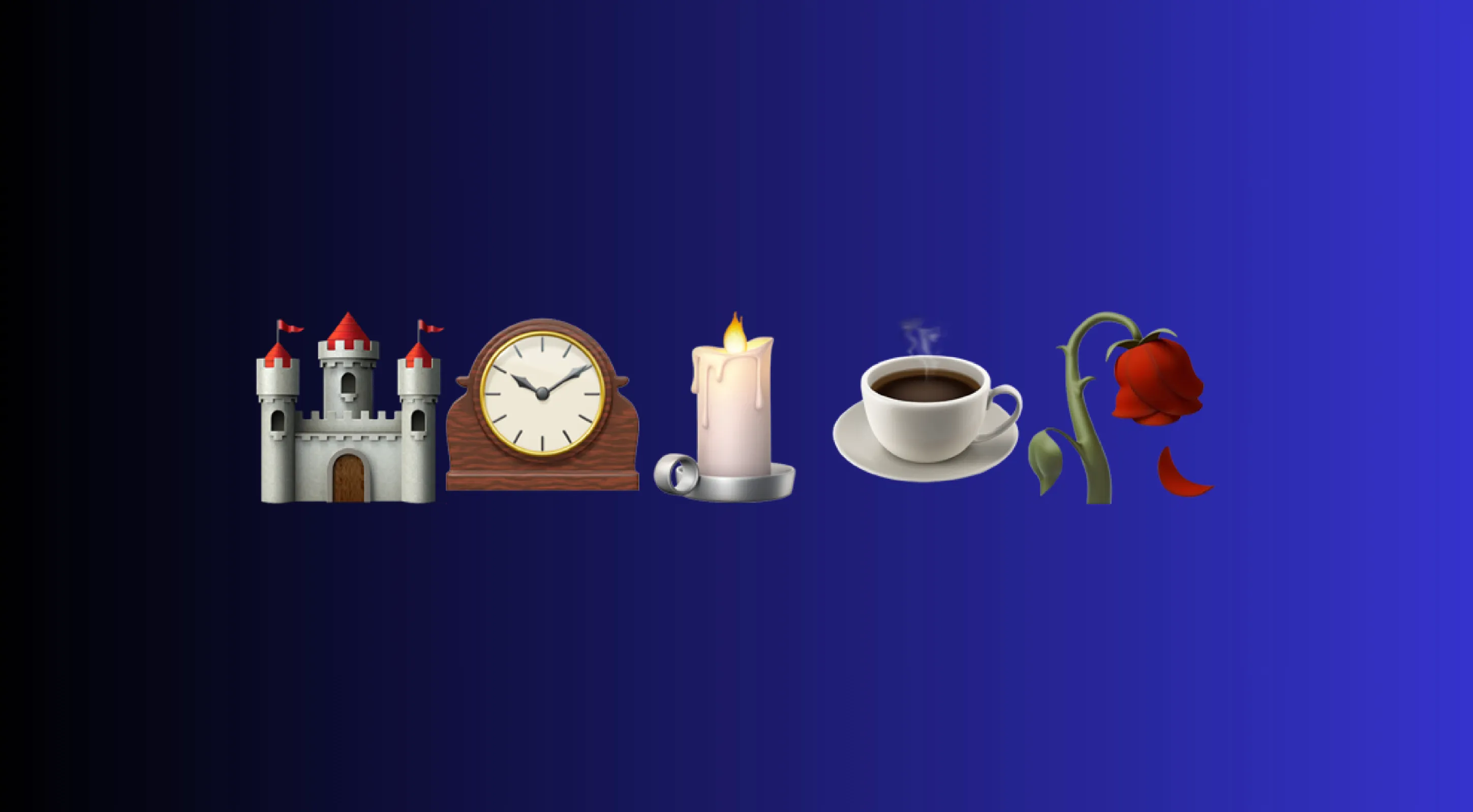 Emoji combo puzzle featuring castle, clock, candle, coffee cup, and wilting rose for guessing famous movie titles.