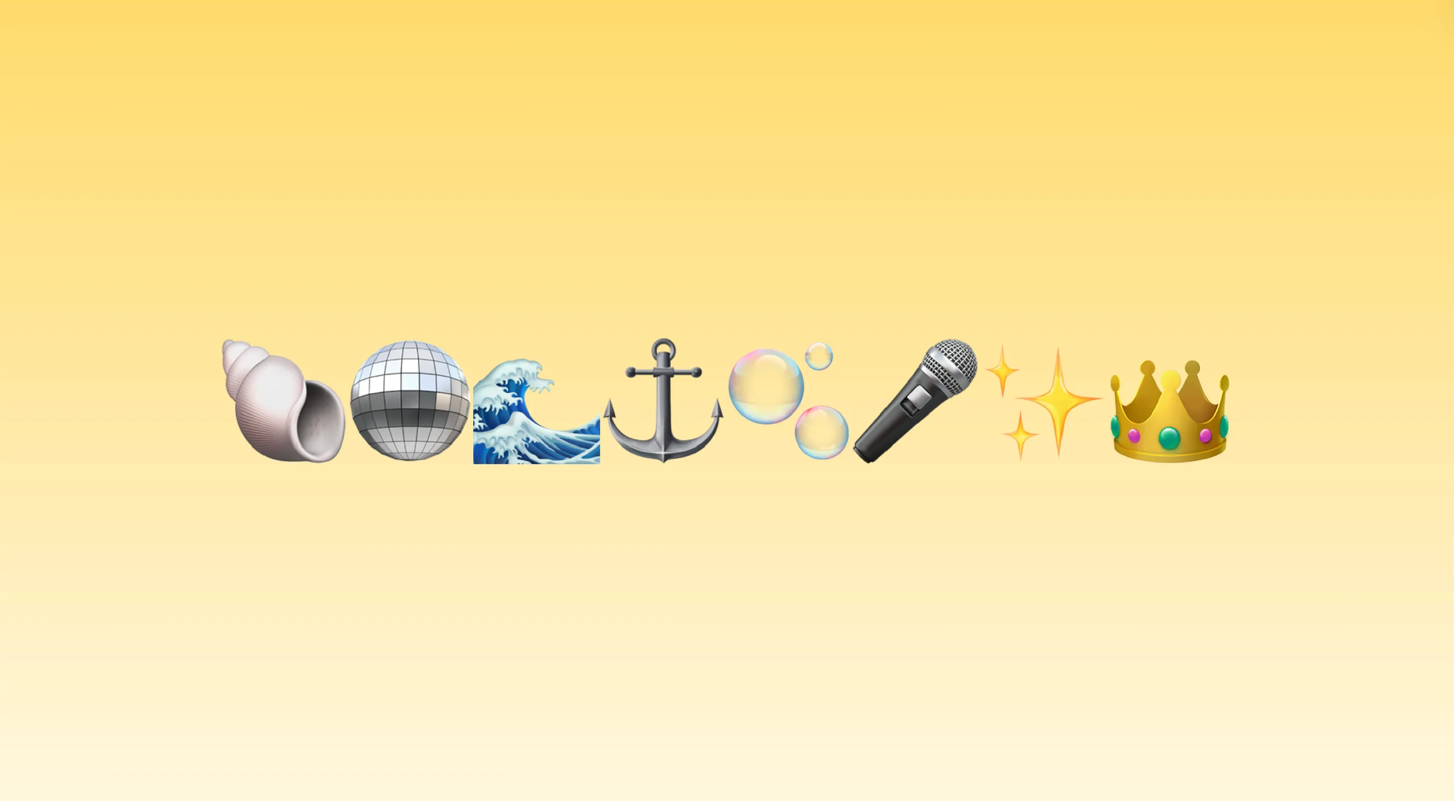 Emoji combo of shell, disco ball, wave, anchor, bubbles, microphone, sparkle, and crown for guessing famous movie puzzle.