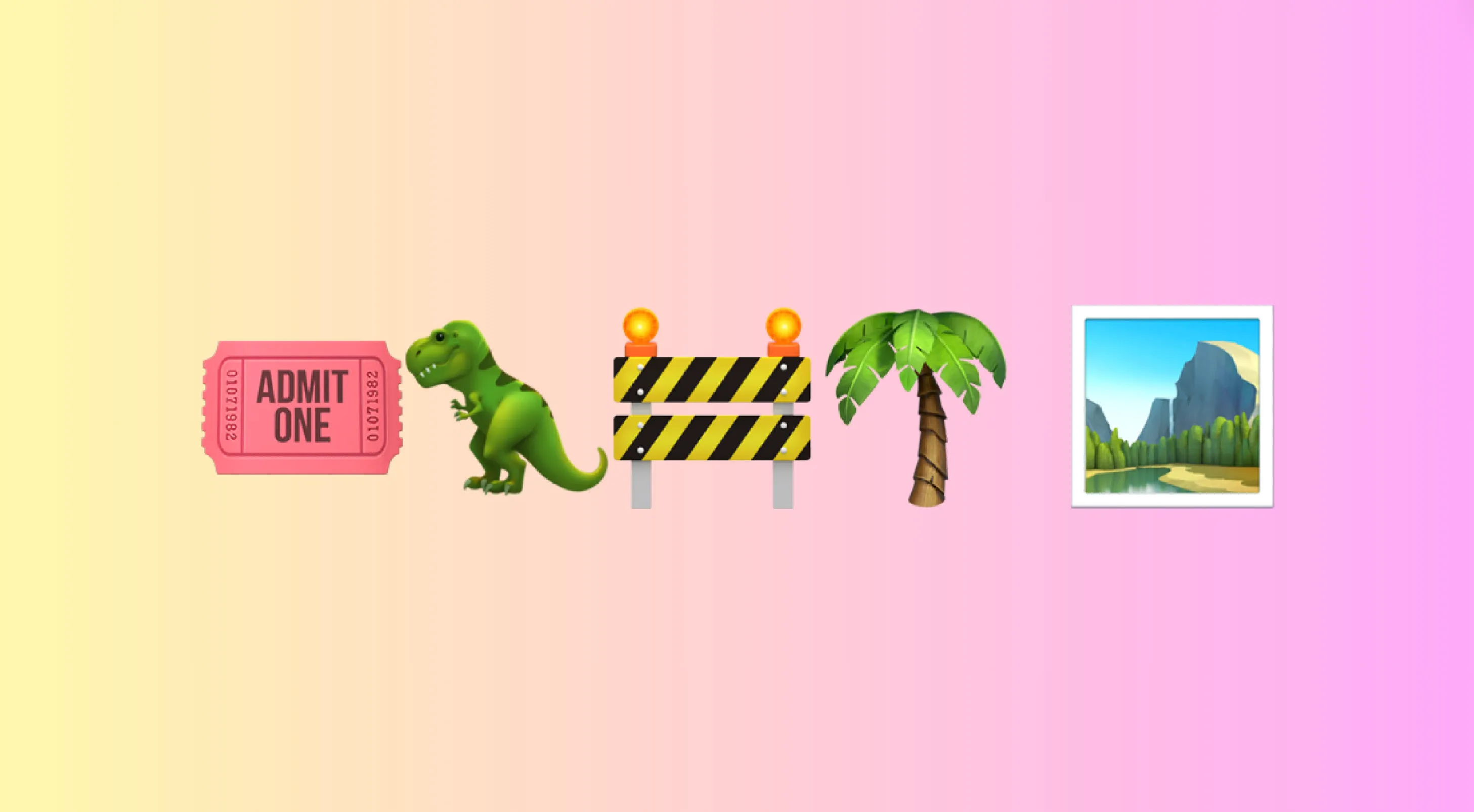 Emoji combo with movie ticket, dinosaur, barrier, palm tree, and landscape representing famous movie guesses.