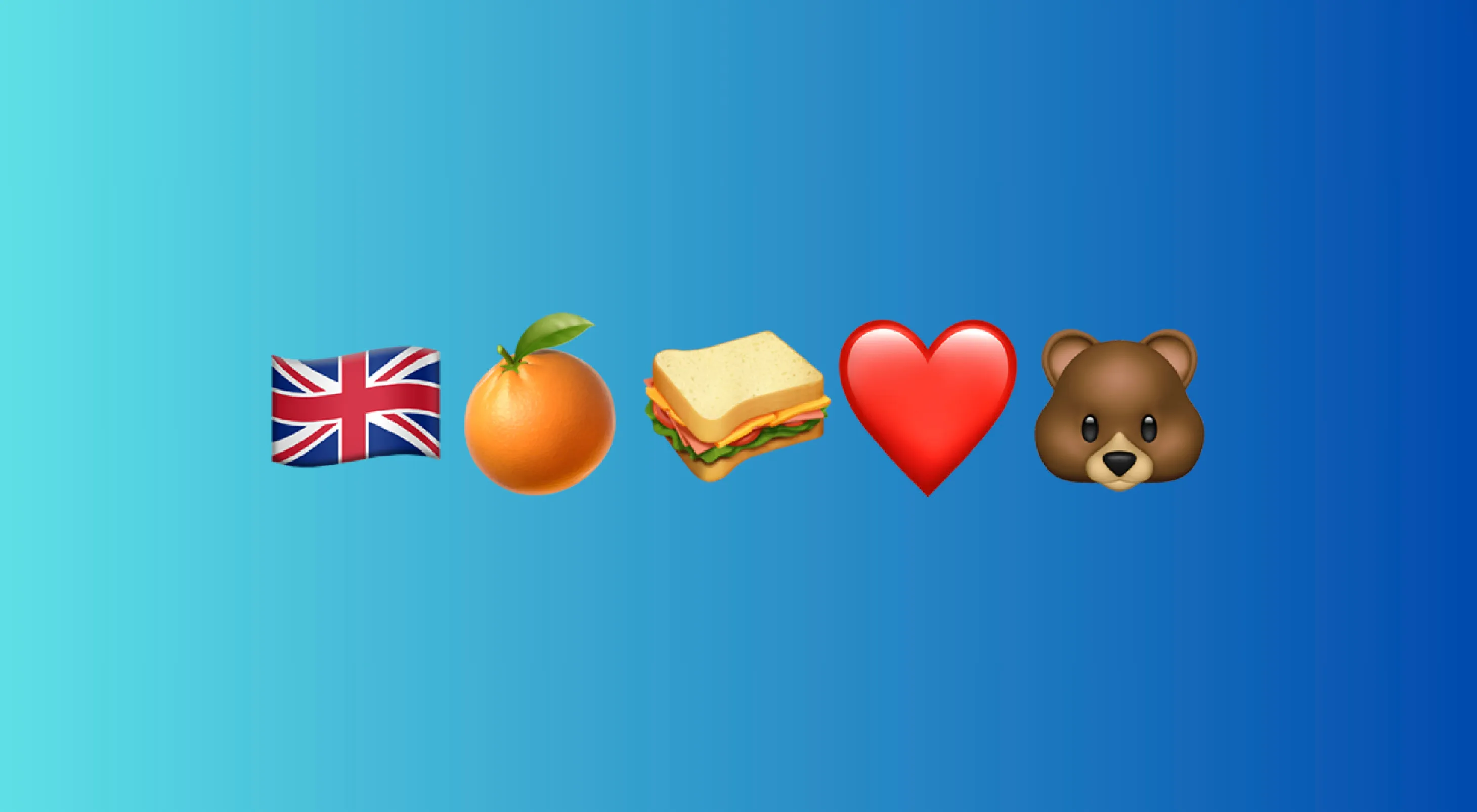 Emoji combo representing a famous animated movie with British flag, orange, sandwich, heart, and bear on blue background.