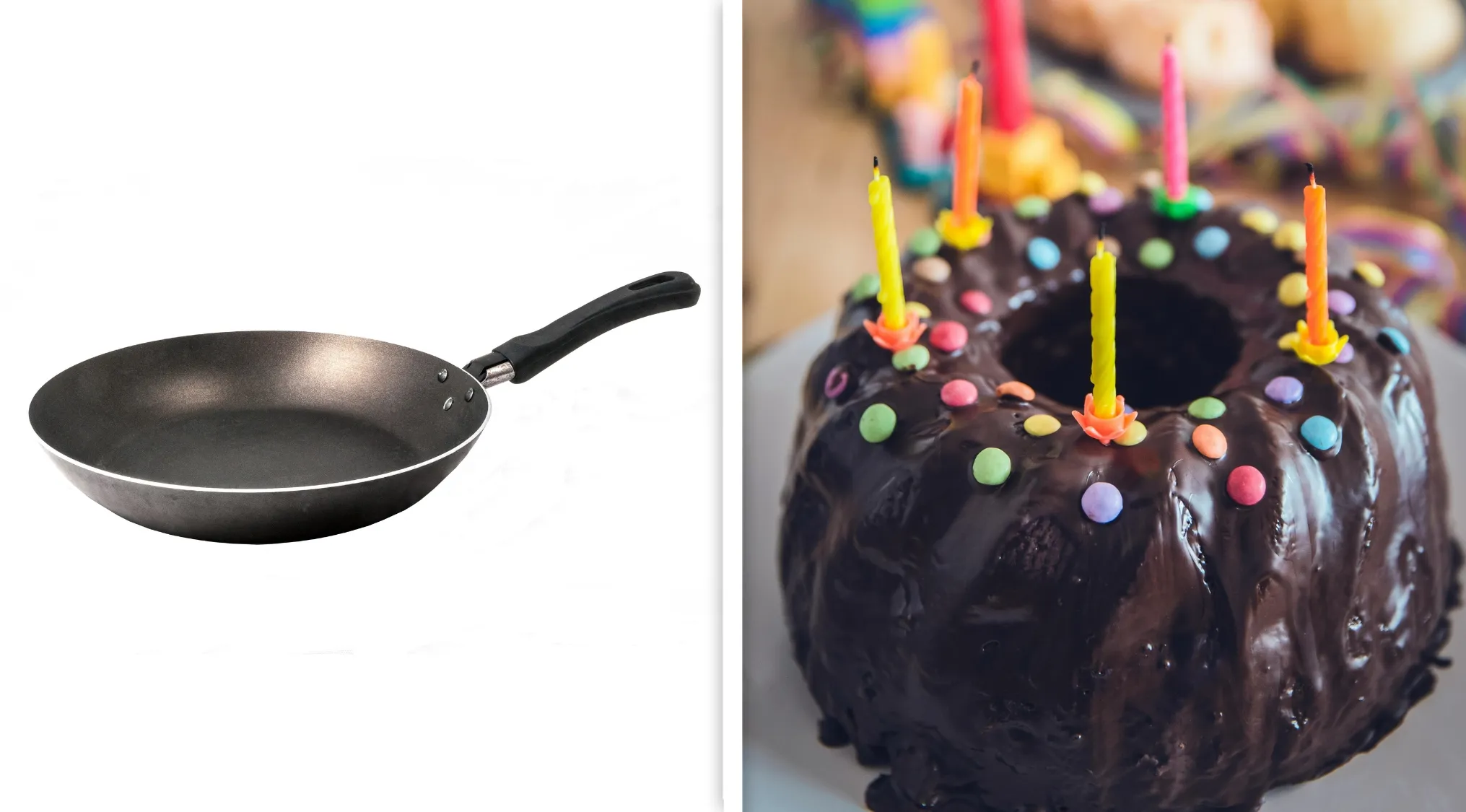 Frying pan on white background next to a chocolate birthday cake with colorful candles for word guessing game.