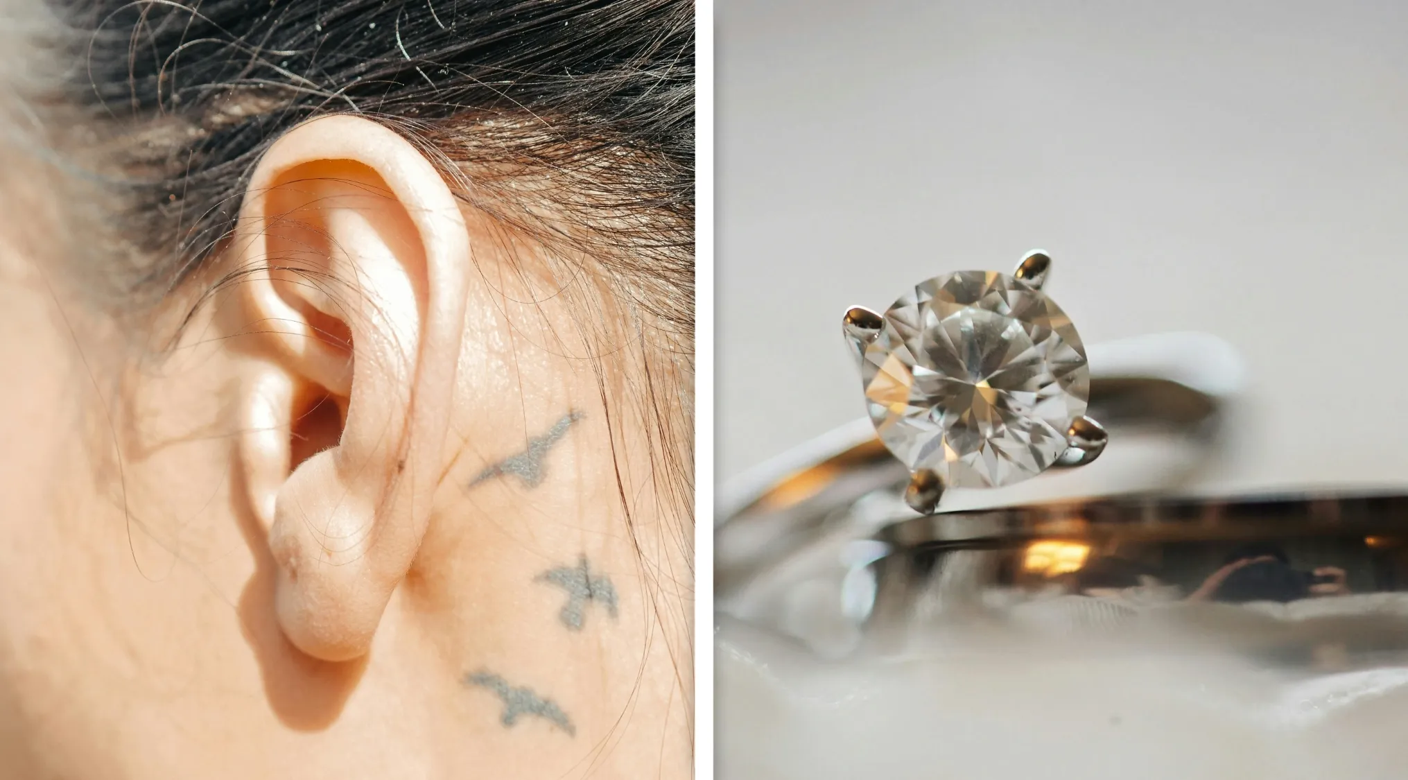Close-up of an ear with bird tattoos and a diamond ring, part of guess the word from two images puzzle.