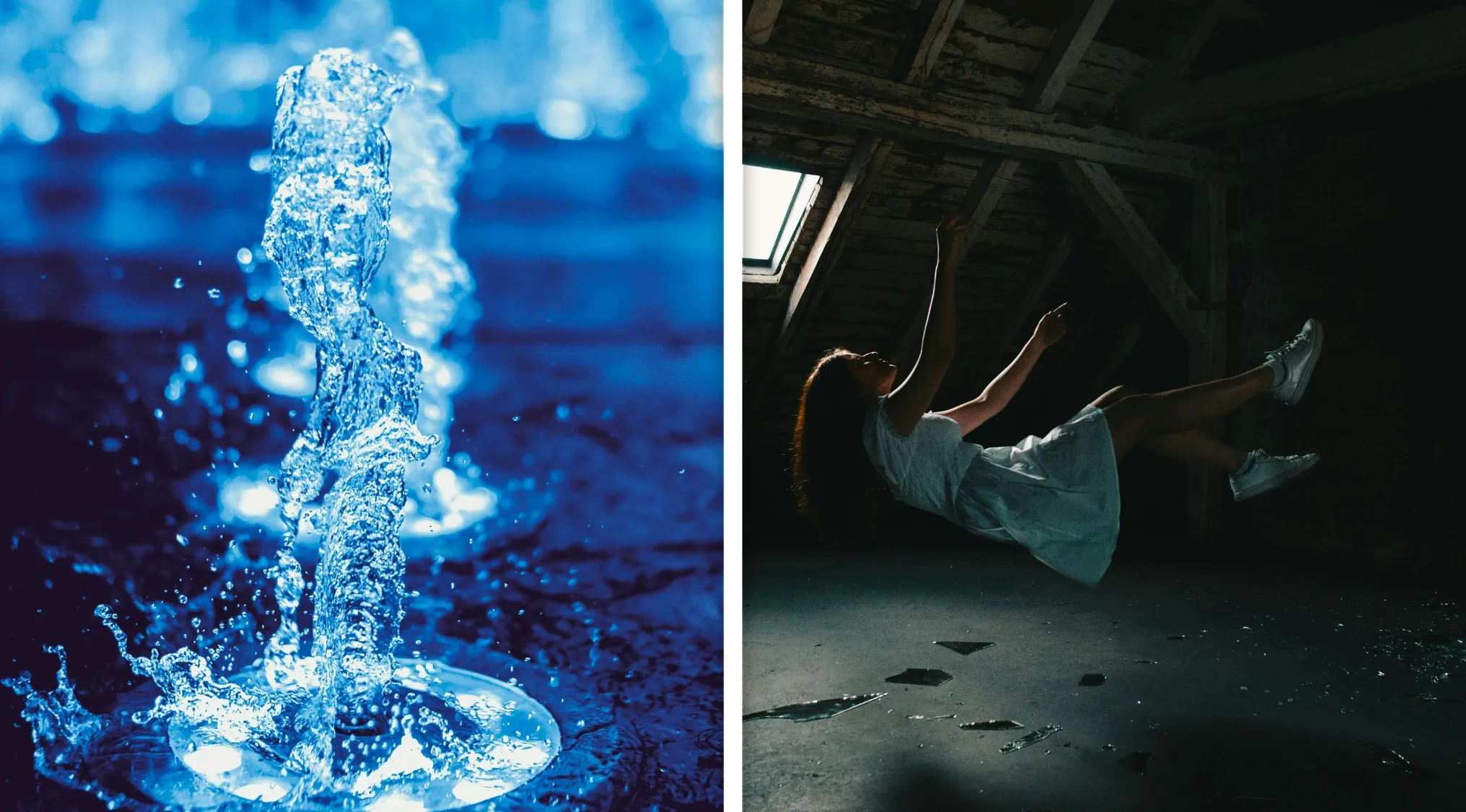 Water stream splashing in blue light and a girl floating or levitating in a dark room for guess the word compound puzzle.