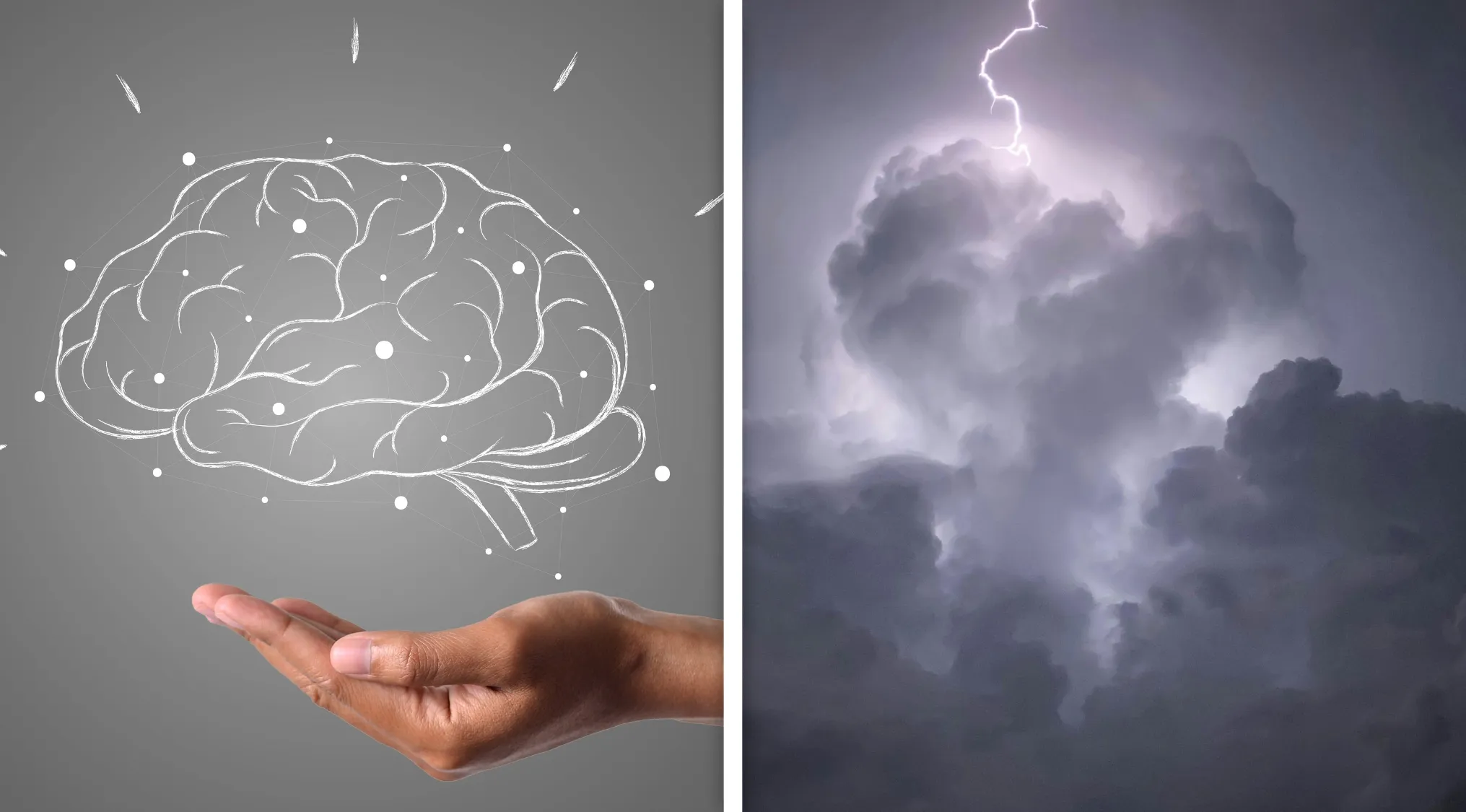 Hand holding a digital brain illustration and a dark cloud with lightning, guess the word from two images puzzle concept.