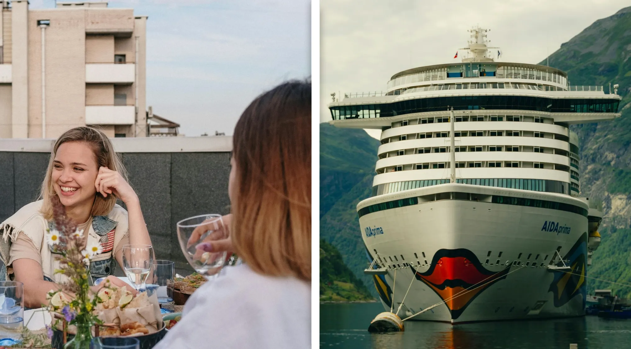 Two women dining outdoors and a large cruise ship docked near mountains, guess the word from two images concept.