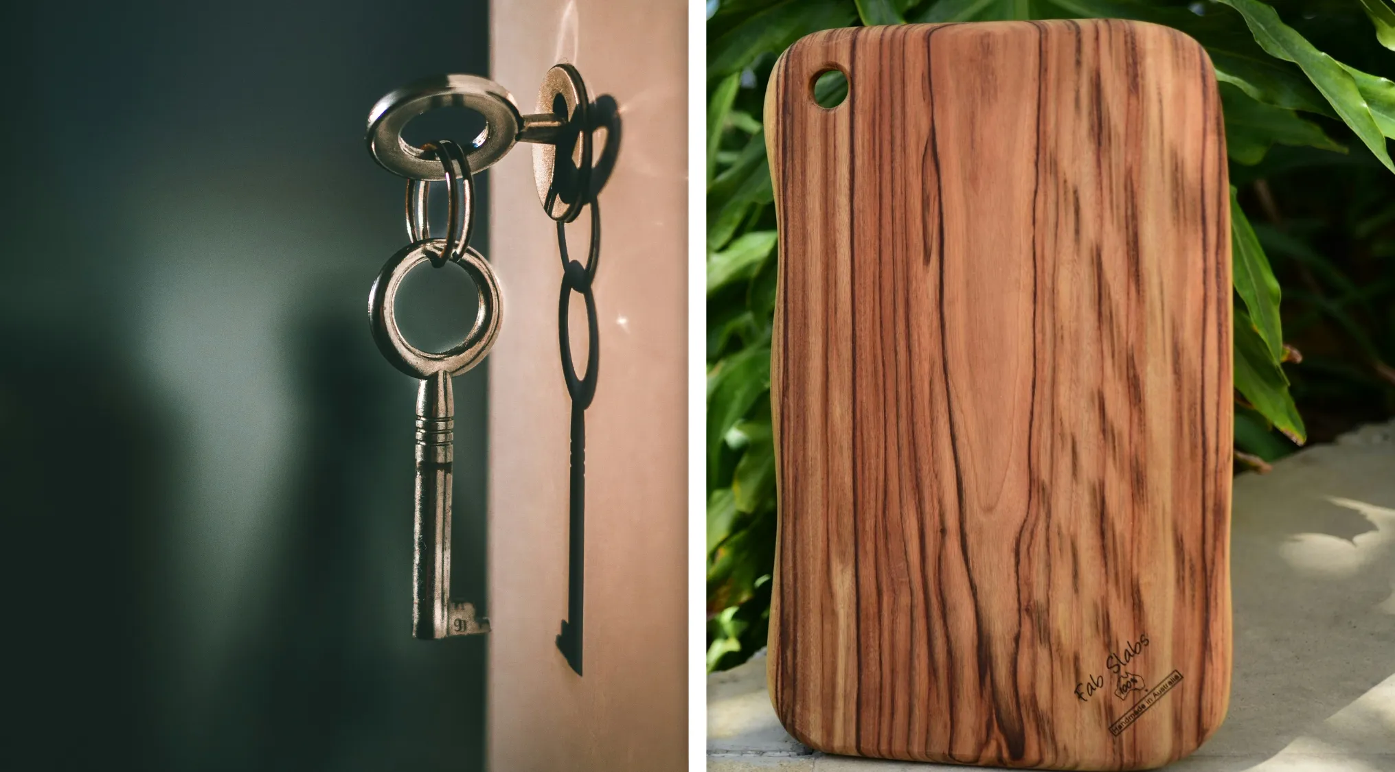 Key in a lock casting a shadow next to a wooden cutting board, illustrating guess the word from two images.