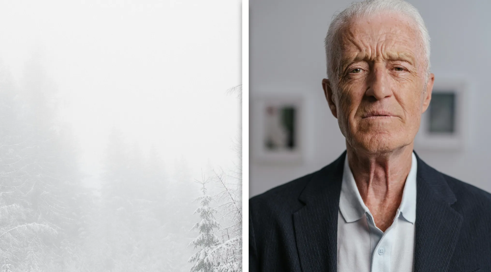 Foggy forest landscape on the left and close-up of serious elderly man on the right for guess the word from two images.