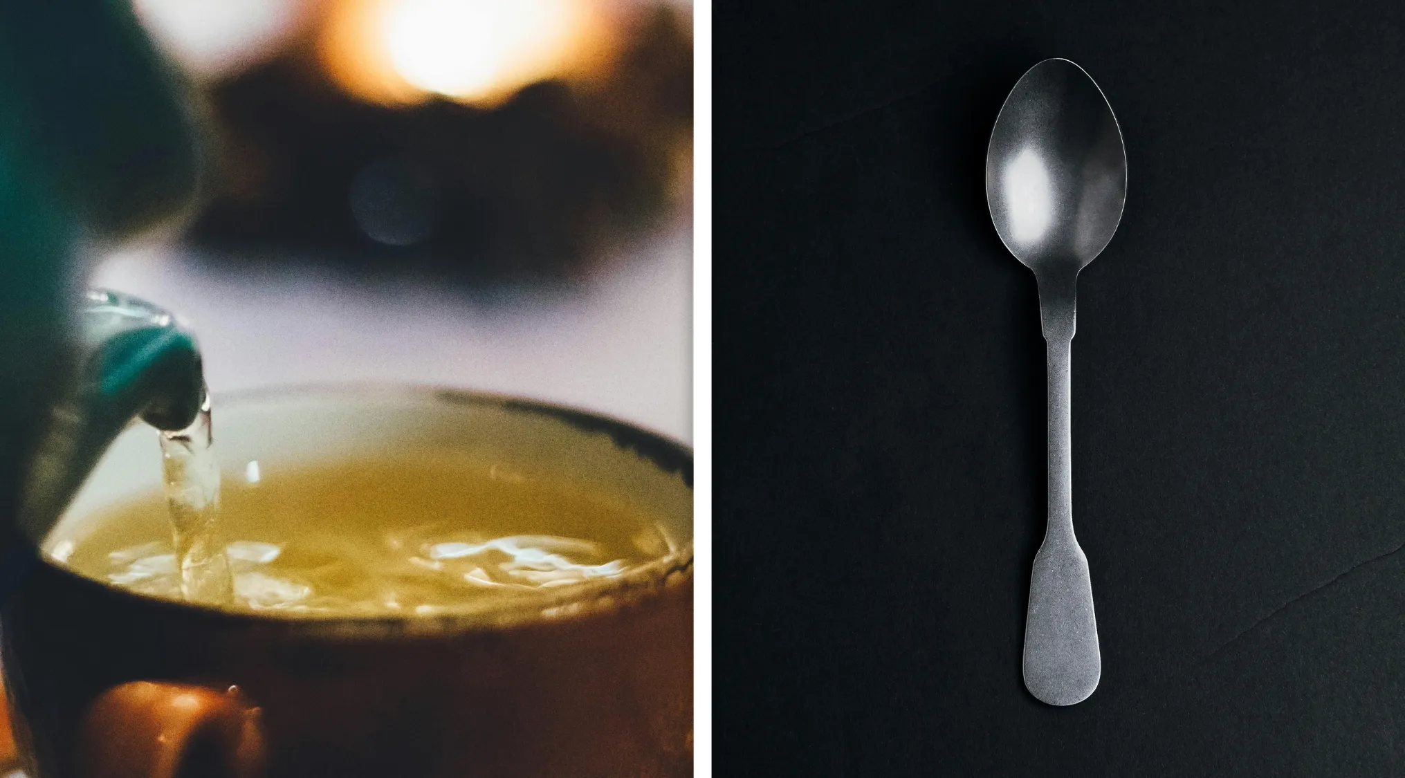 Pouring hot tea into a cup and a metal spoon on a dark surface for Guess the Word from two images challenge.
