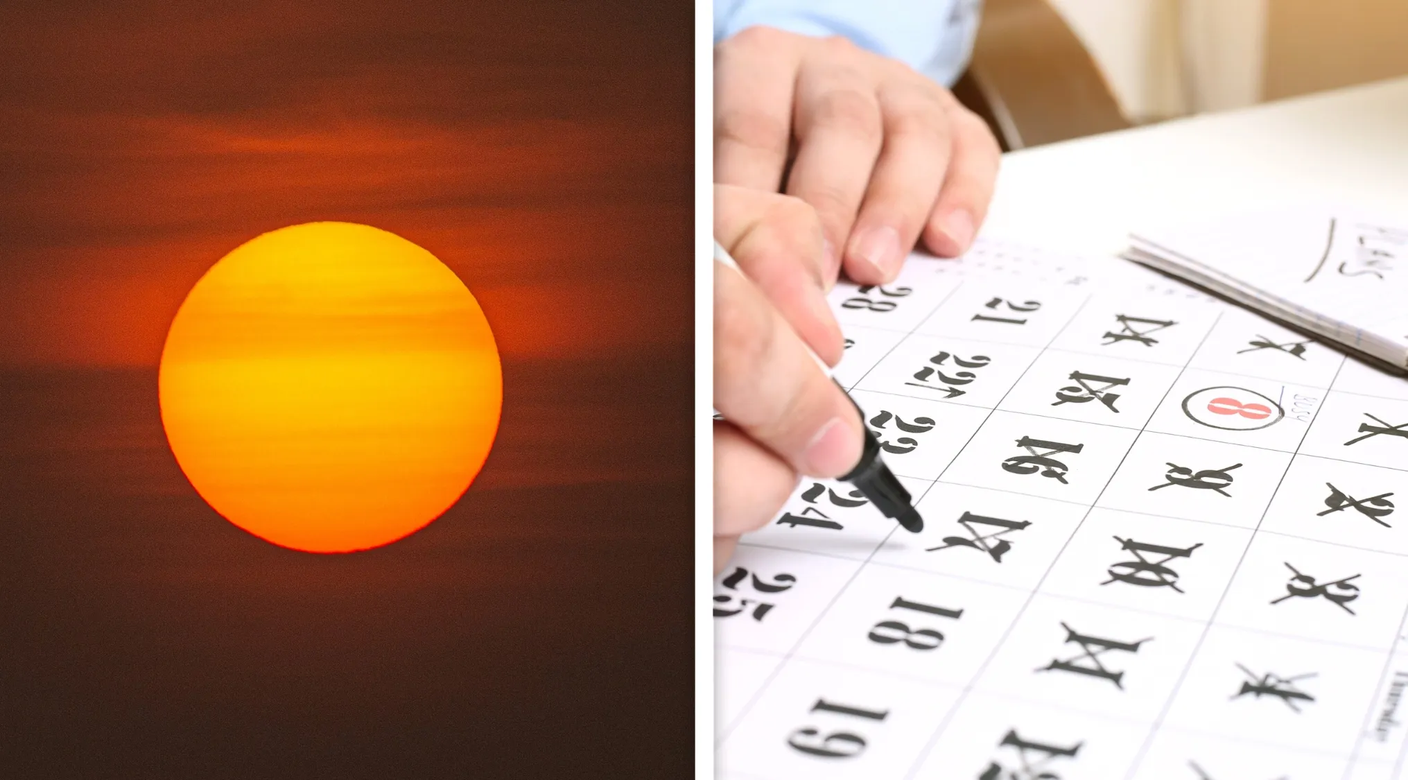 Bright orange sun on the left and a person marking numbers on a calendar, related to guess the word from two images.