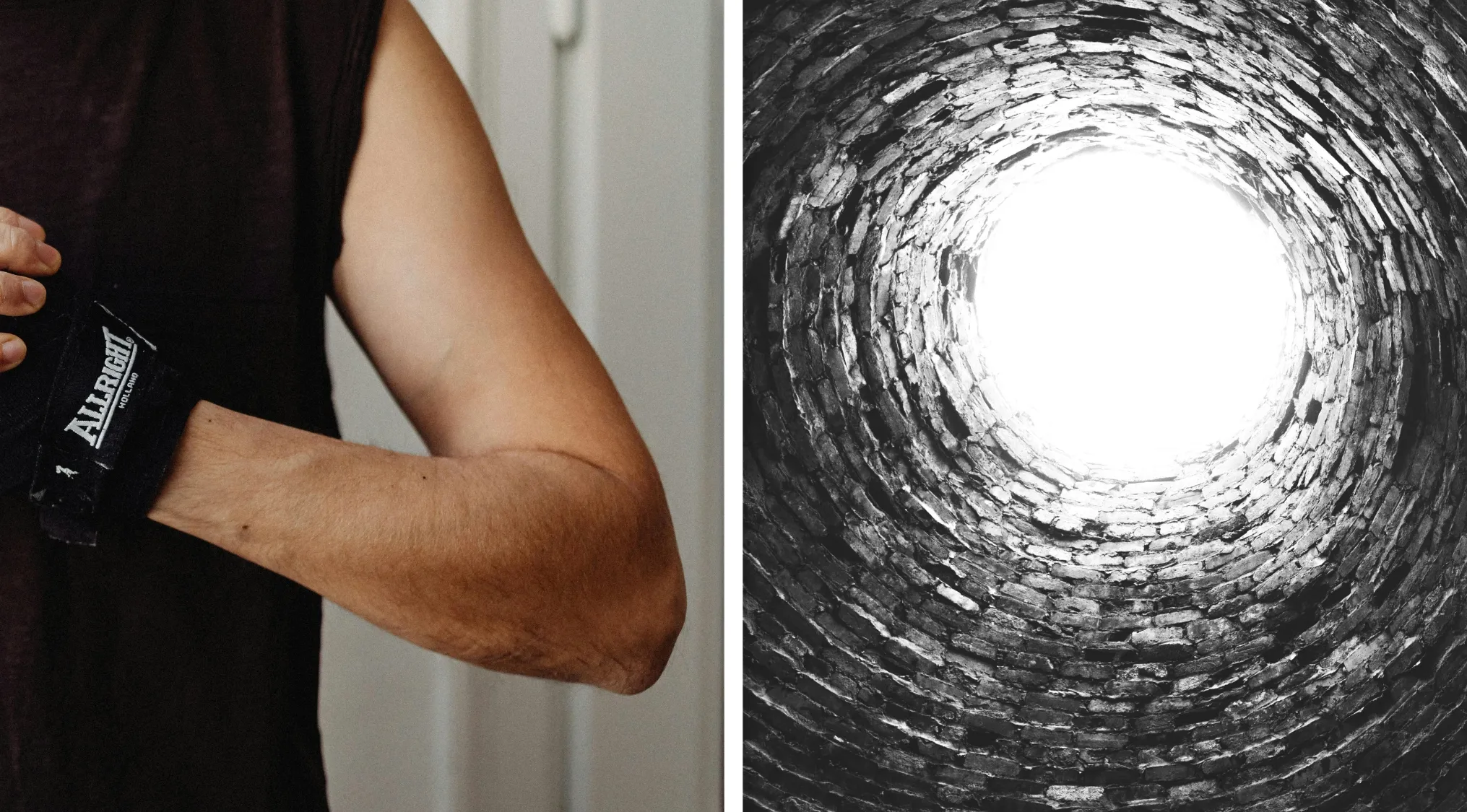 Person holding a small black packet next to a deep circular brick well, visual puzzle to guess the word from two images.