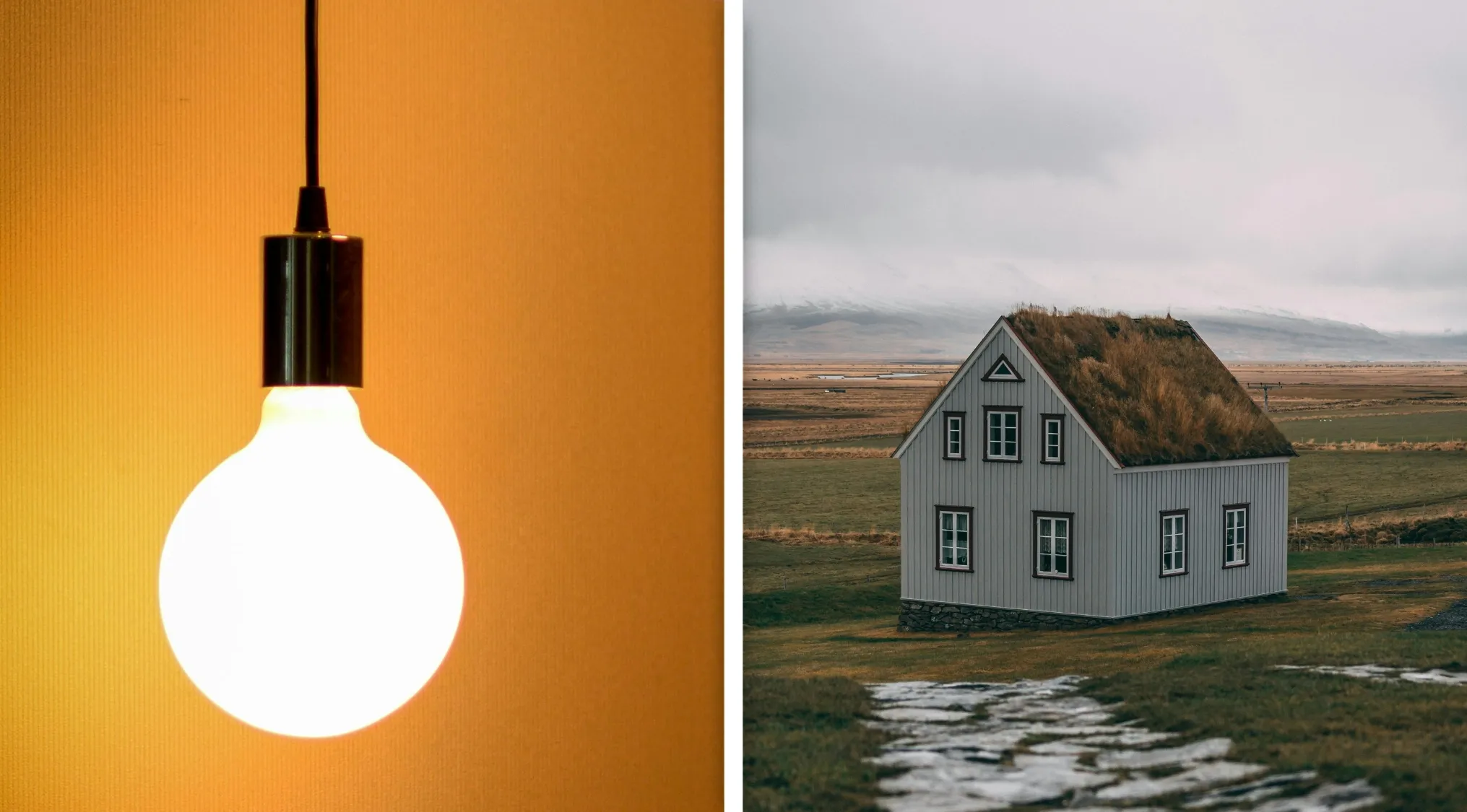 Bright glowing light bulb hanging on a cord beside a small countryside house with a grass roof in a rural landscape.