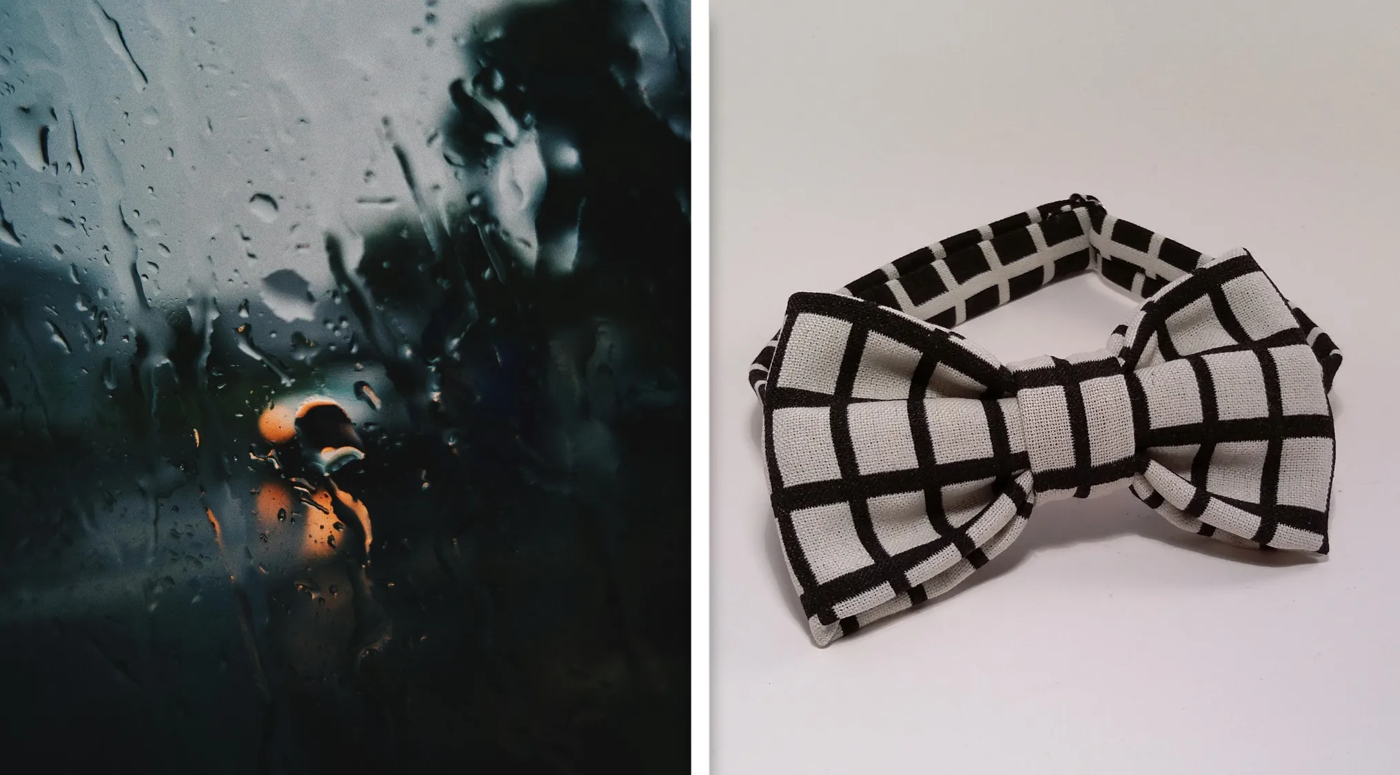 Rain droplets on windowpane at night paired with a black and white checkered bow tie for guess the word game.