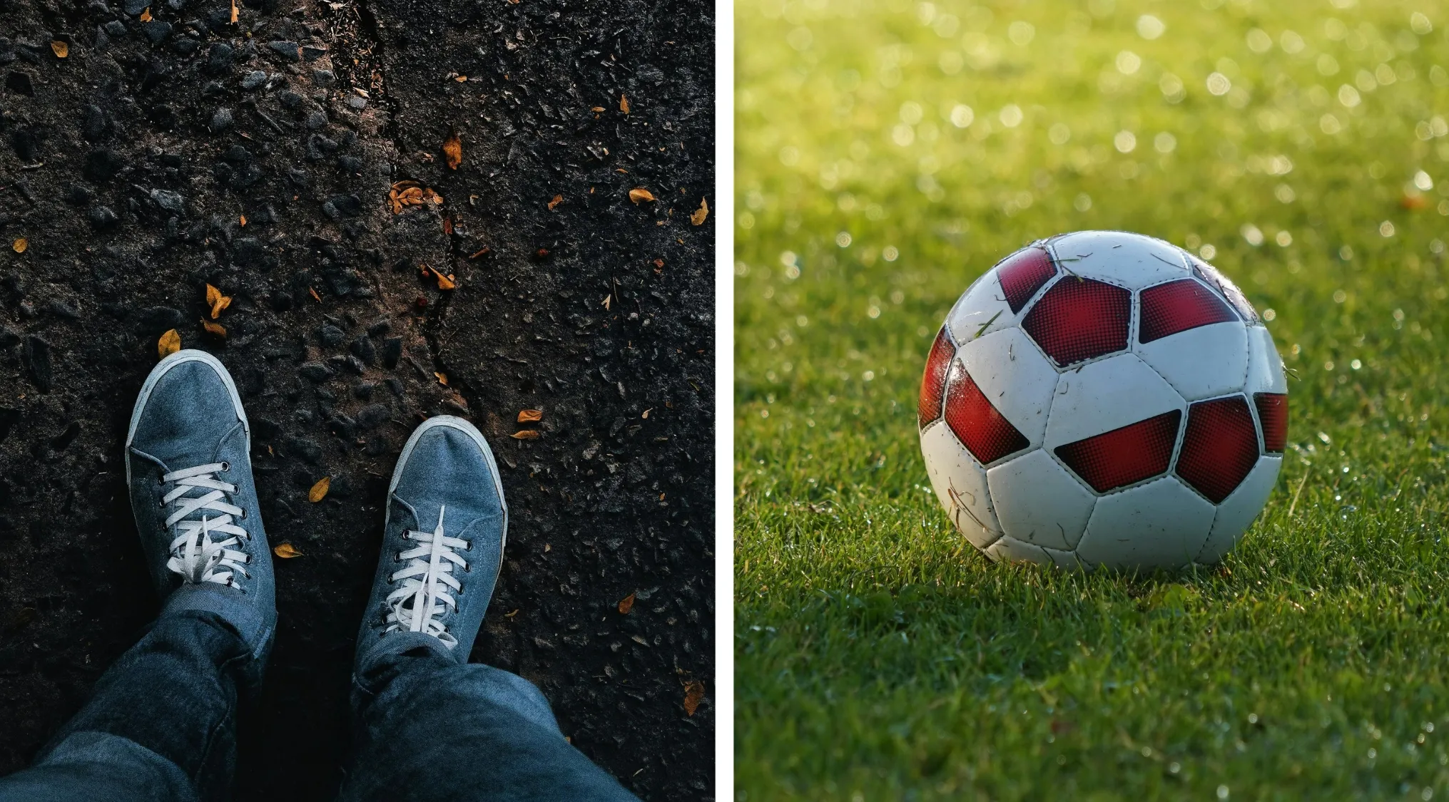 Two images for guess the word game showing sneakers on a dark path and a soccer ball on green grass field.
