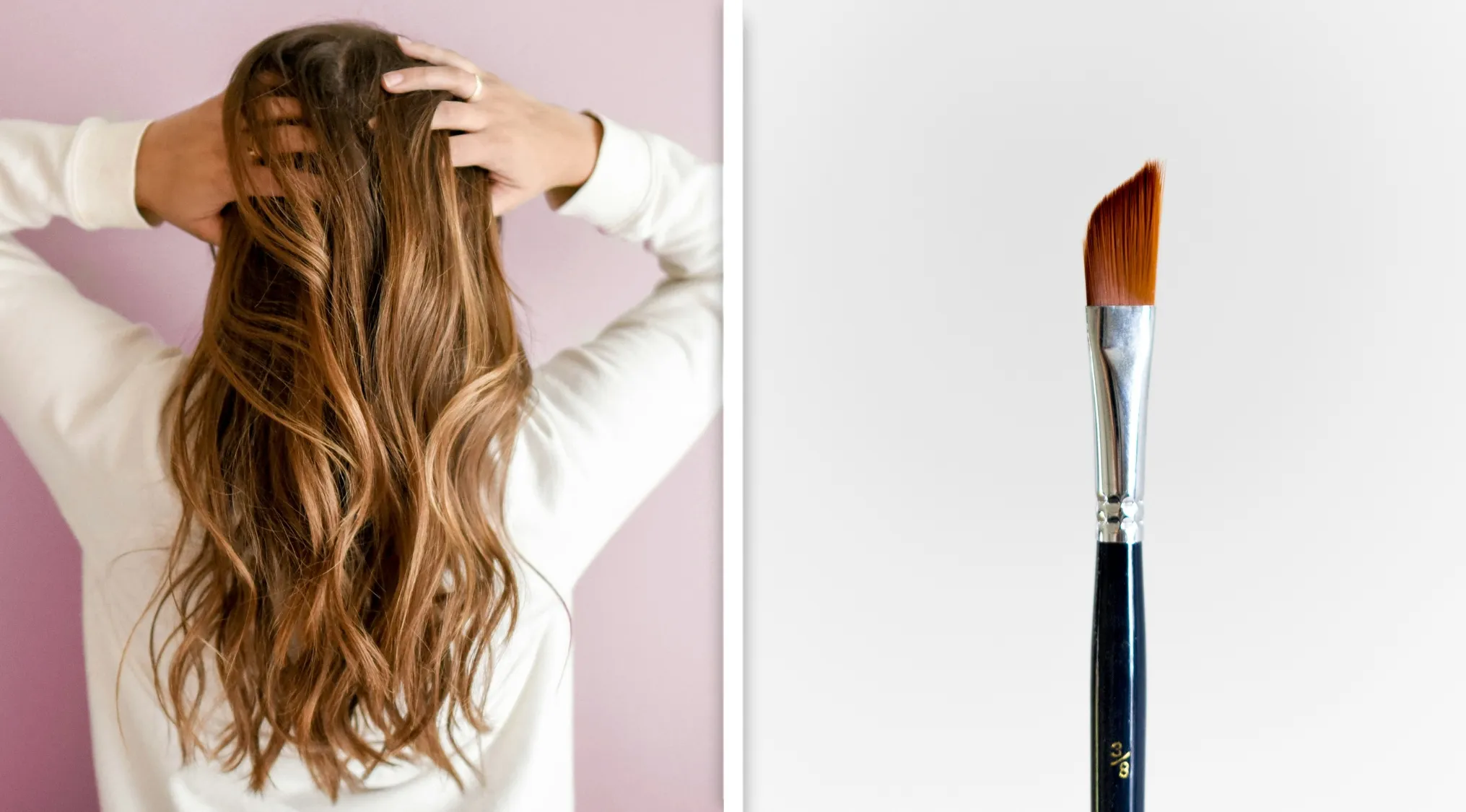 Woman with long brown hair holding head next to a close-up of an angled paintbrush for guess the word from two images.