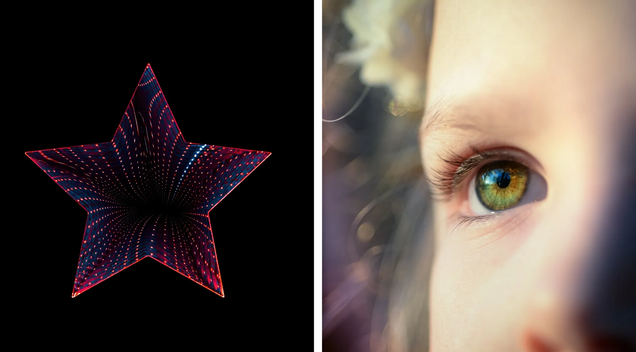 Star-shaped light installation with colorful dots next to a close-up of a child's green eye for word guess puzzle.