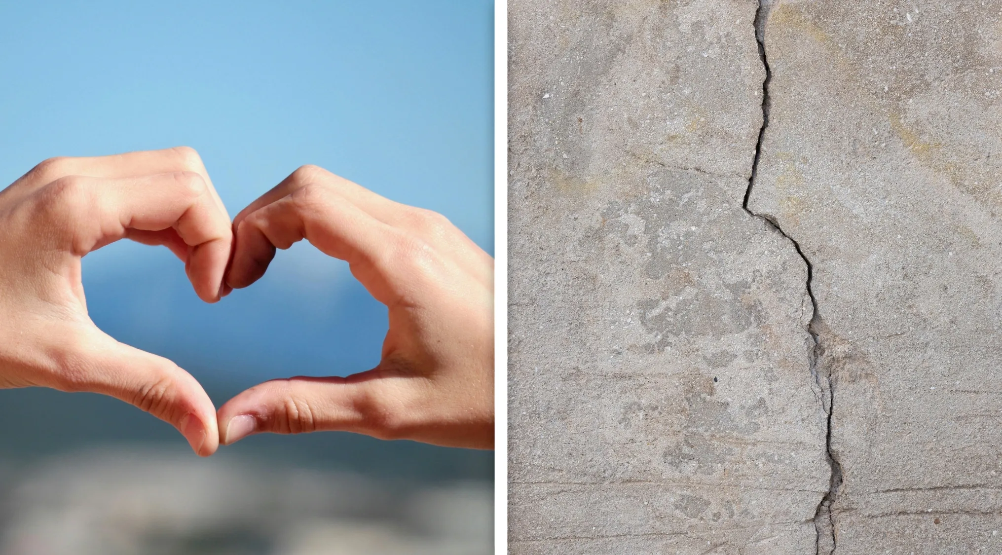 Two images for guess the word game, one showing hands forming a heart, the other a crack on concrete wall.