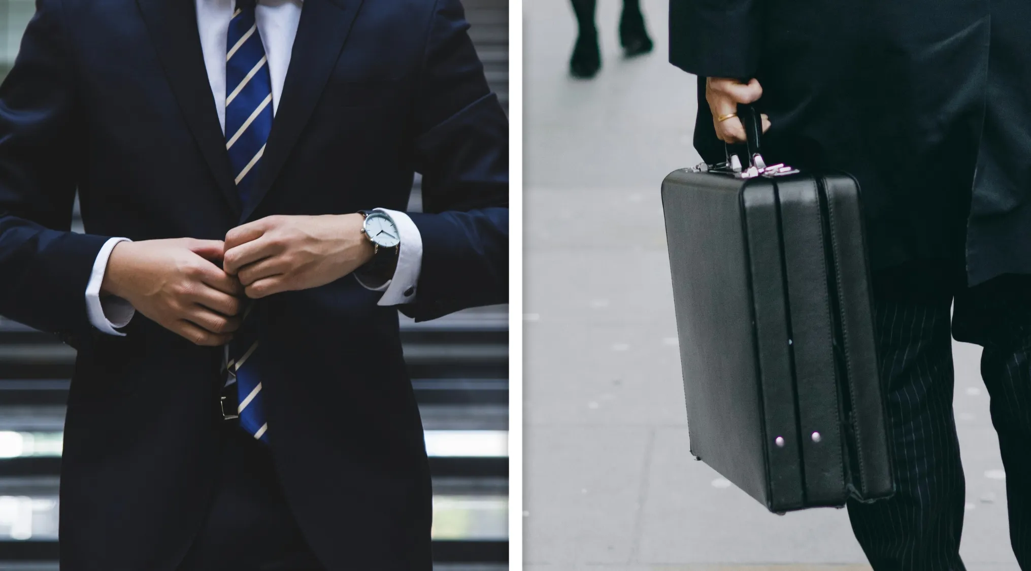 Man adjusting suit jacket and person holding briefcase, illustrating guess the word from two images compound word puzzle.