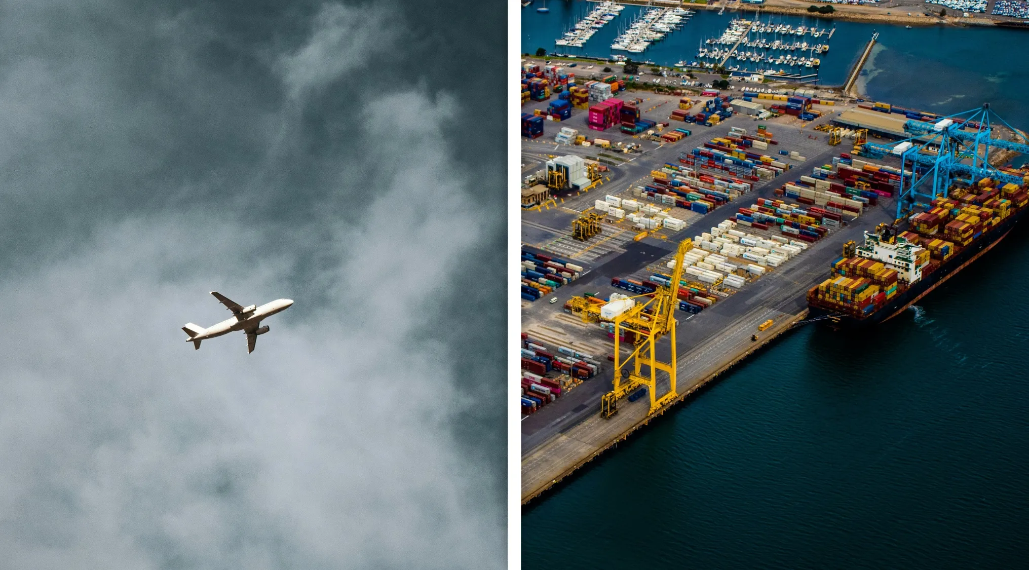 Airplane flying in cloudy sky and aerial view of a busy shipping port with containers and cranes for word guessing.