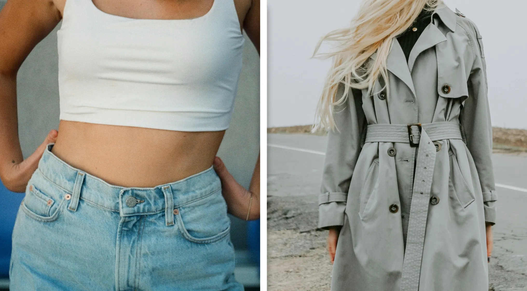 Close-up of a person wearing a white crop top with jeans and another person wearing a belted trench coat, guess the word visual puzzle.
