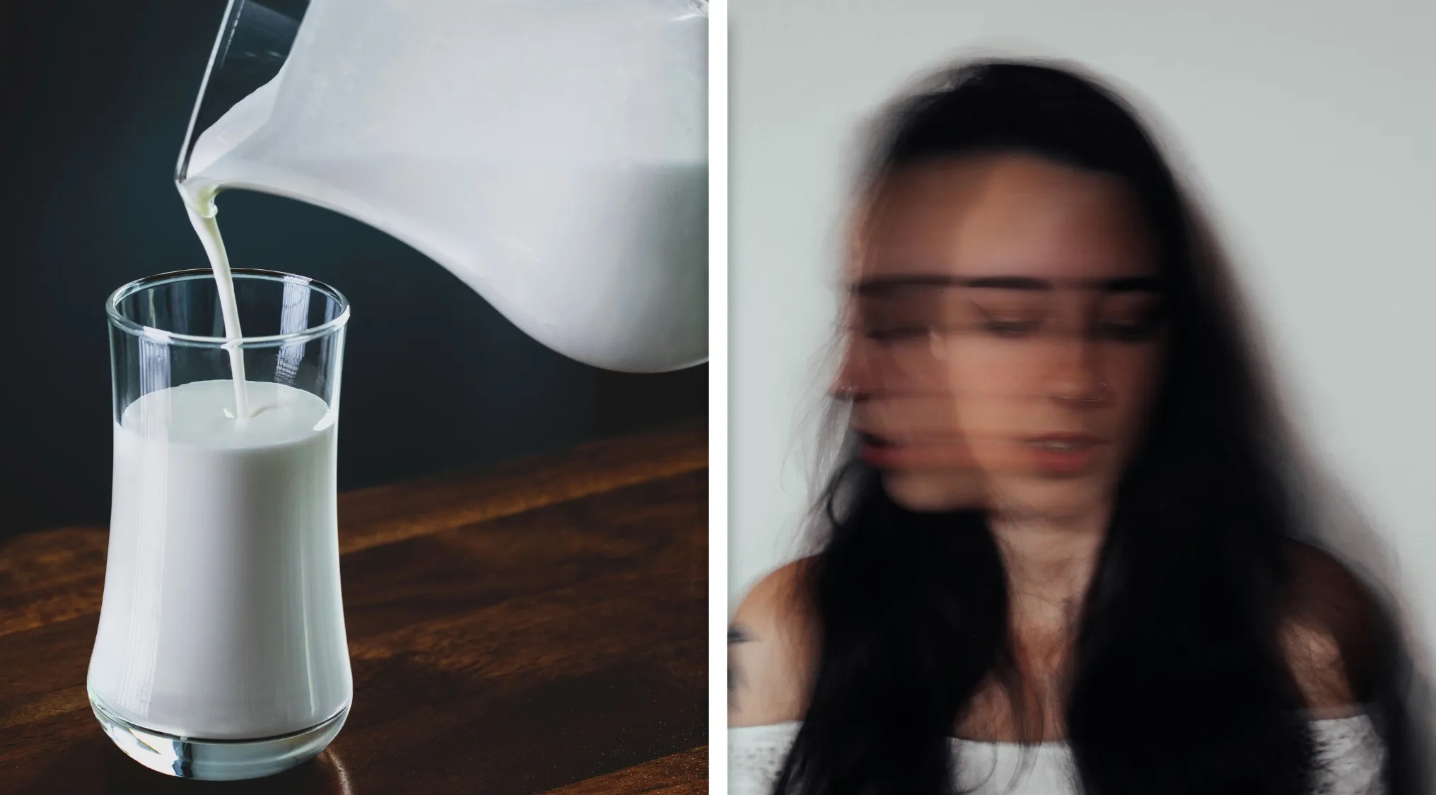 Glass of milk being poured on left, blurred woman with double exposure effect on right, guess the word from two images concept.