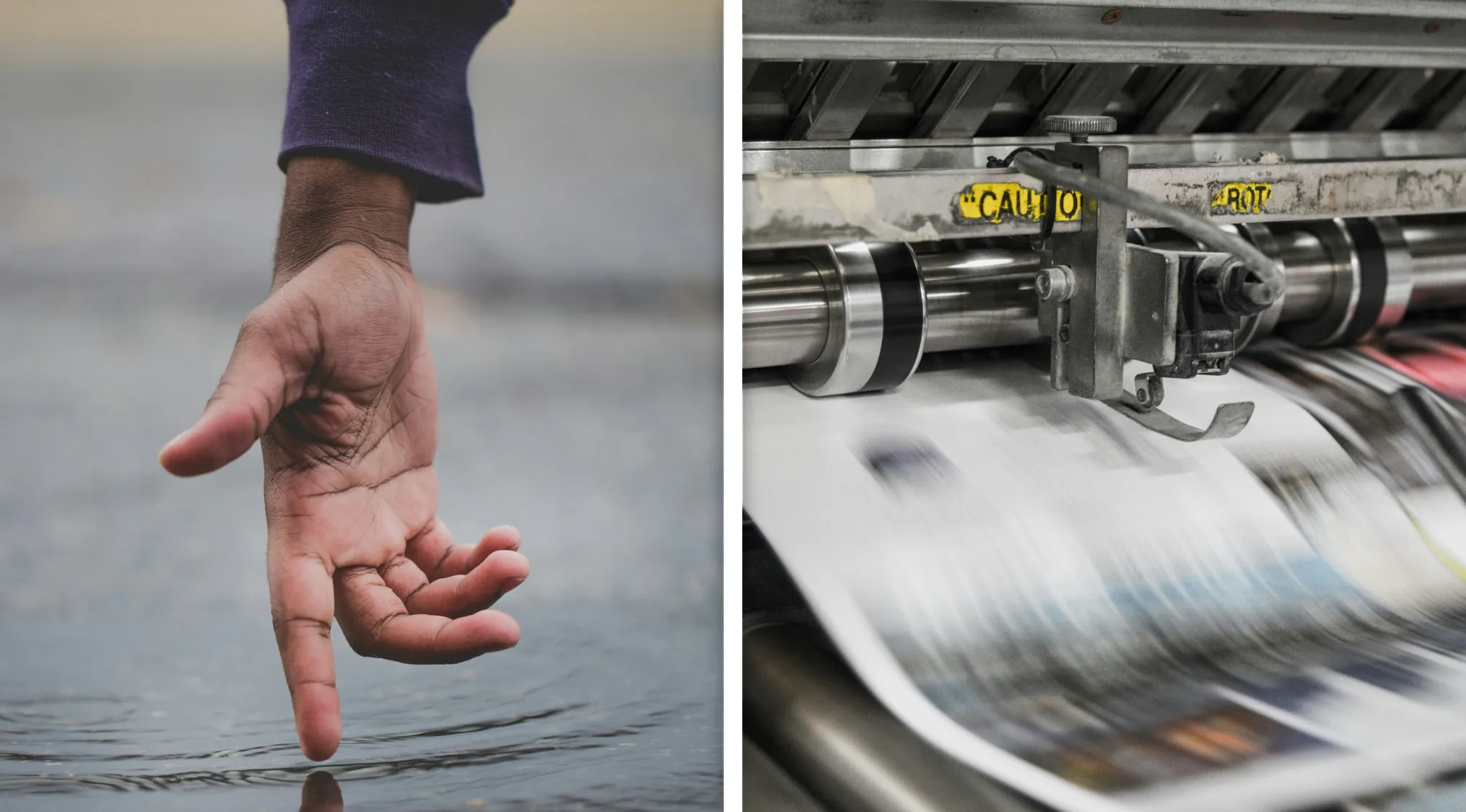 Finger pointing with a circle on fingertip next to a printing press producing blurred newspapers in a Guess The Word puzzle.