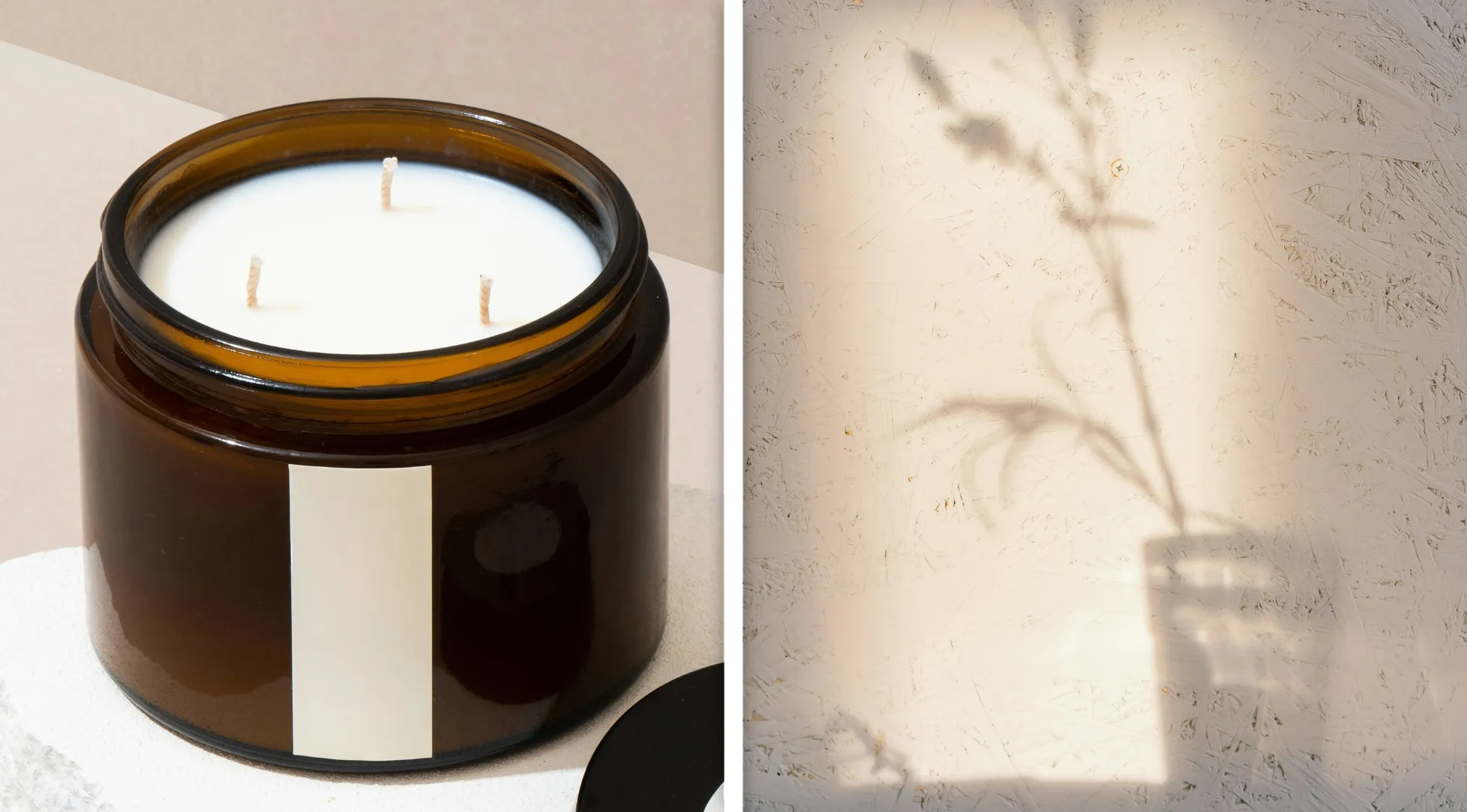 Spiral candle burning on left and a shadow of a plant in a glass on textured wall, guess the word from two images.