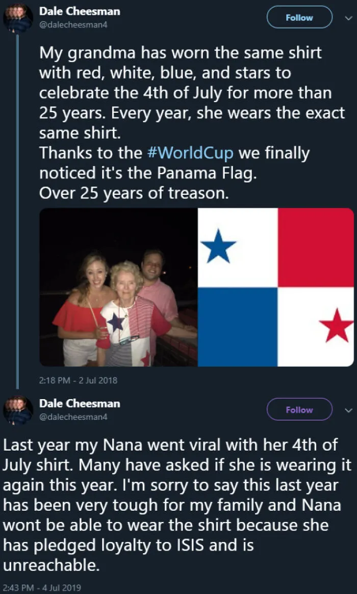 Tweet showing a funny post with a shirt mistaken for the Panama flag, fitting seemingly innocent posts with a crazy second half.
