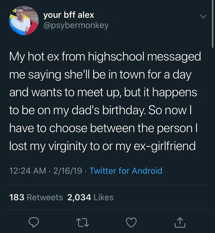 Tweet about a difficult choice involving exes, illustrating seemingly innocent posts with a crazy second half impact.
