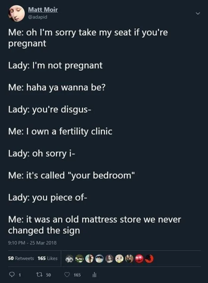 Tweet showing a humorous post with a surprising second half involving a fertility clinic and an old mattress store sign.