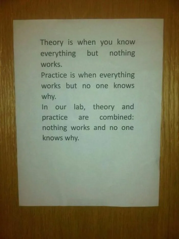 Printed note on a wooden door humorously explaining theory and practice, fitting the theme of seemingly innocent posts with a crazy second half.