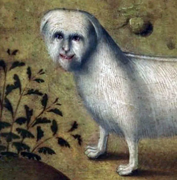 Medieval art creature with a bizarre humanoid face on an animal body, one of the cool and strange creatures noticed today.
