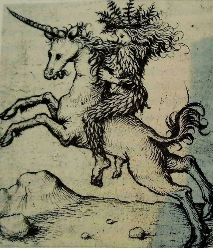 Medieval art depicting a bizarre creature riding a unicorn, showcasing cool and bizarre creatures from the period.
