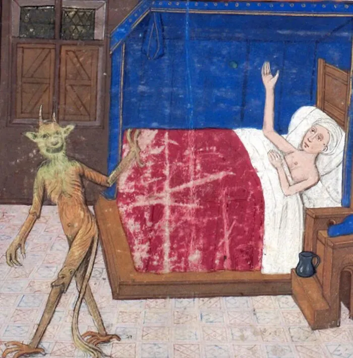 Medieval art depicting a bizarre creature greeting a person in bed, showcasing cool and unusual creatures noticed by modern viewers.