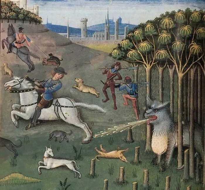 Medieval art depicting knights hunting bizarre creatures with a fire-breathing beast in a forest scene.