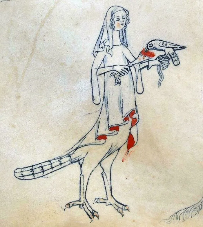 Medieval art showing a bizarre creature with a human upper body and bird-like lower body holding a strange bird.