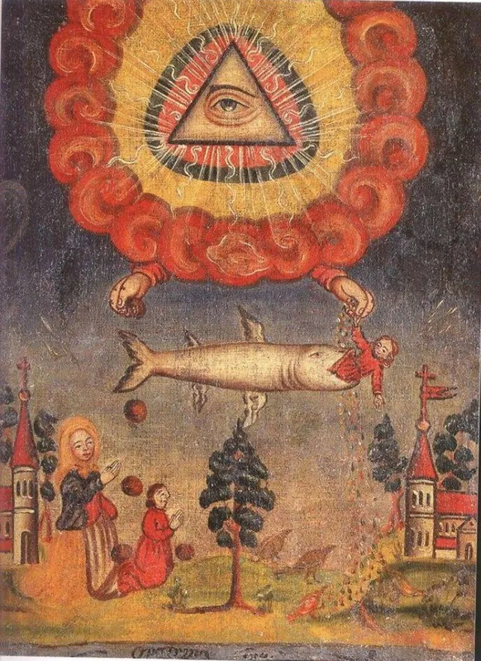 Medieval art depicting bizarre creatures with a large fish swallowing a figure under a radiant all-seeing eye in a surreal landscape.
