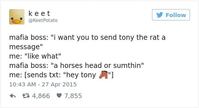 Tweet with a humorous post showing a playful twist on mafia boss requests, featuring seemingly innocent posts with surprising second half.