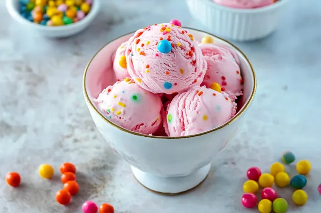 Scoops of pink bubblegum ice cream with colorful candy pieces in a white bowl on a light surface.